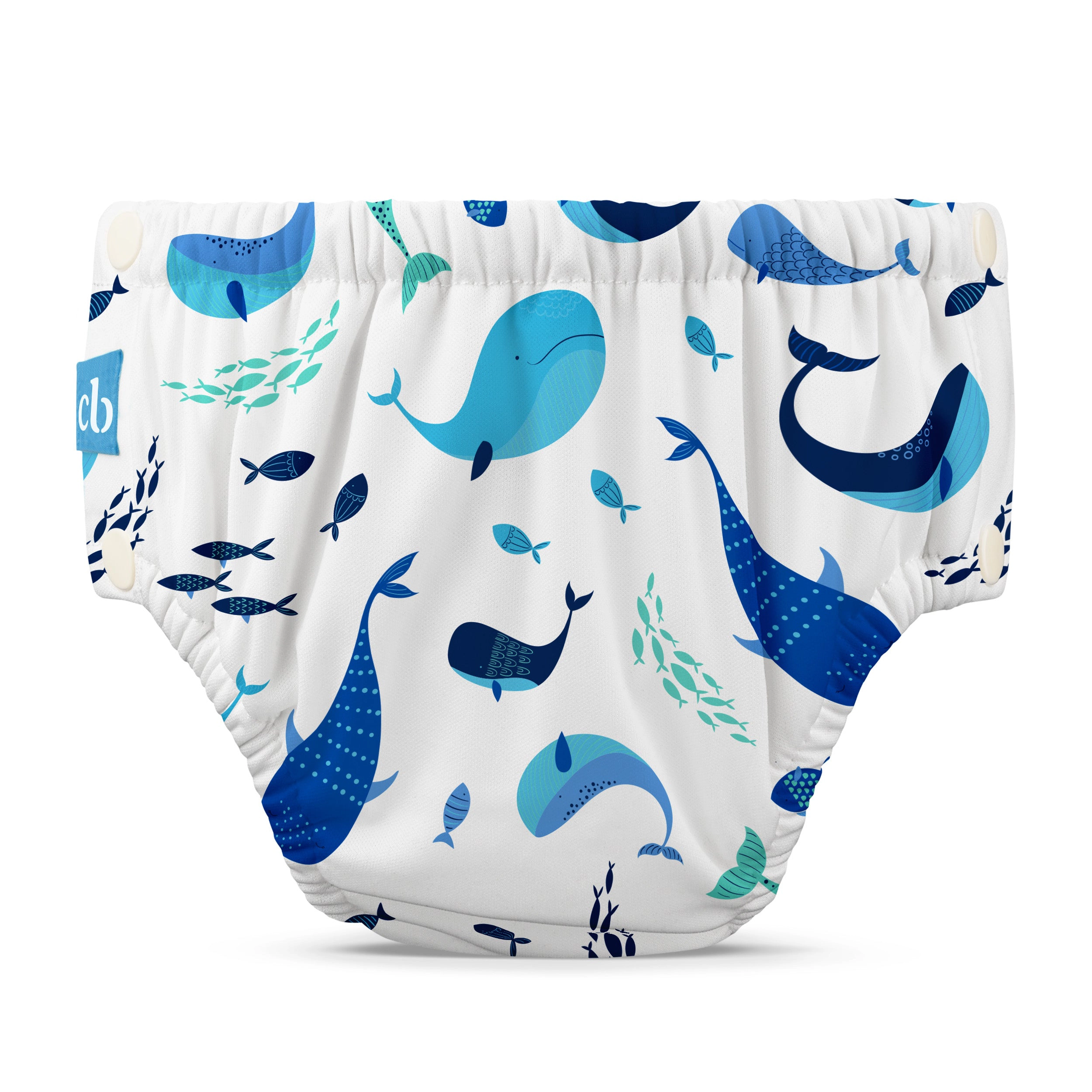 Charlie Banana Reusable Swim Diaper Large - Whale on White, Snap Closure