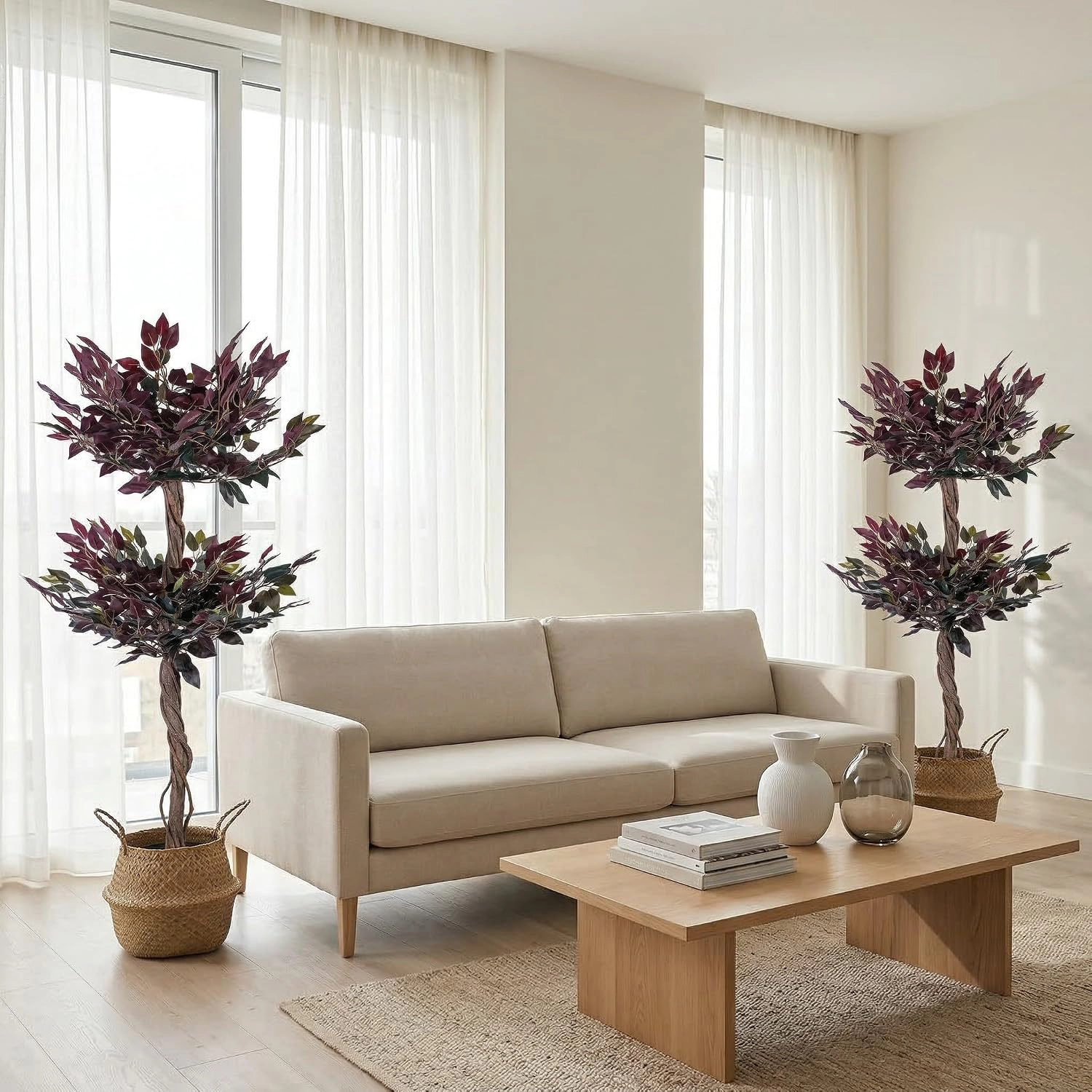 2 Pack Artificial Ficus Tree 5FT Tall, Purple Potted Faux Plant with Cement Planter and Moss