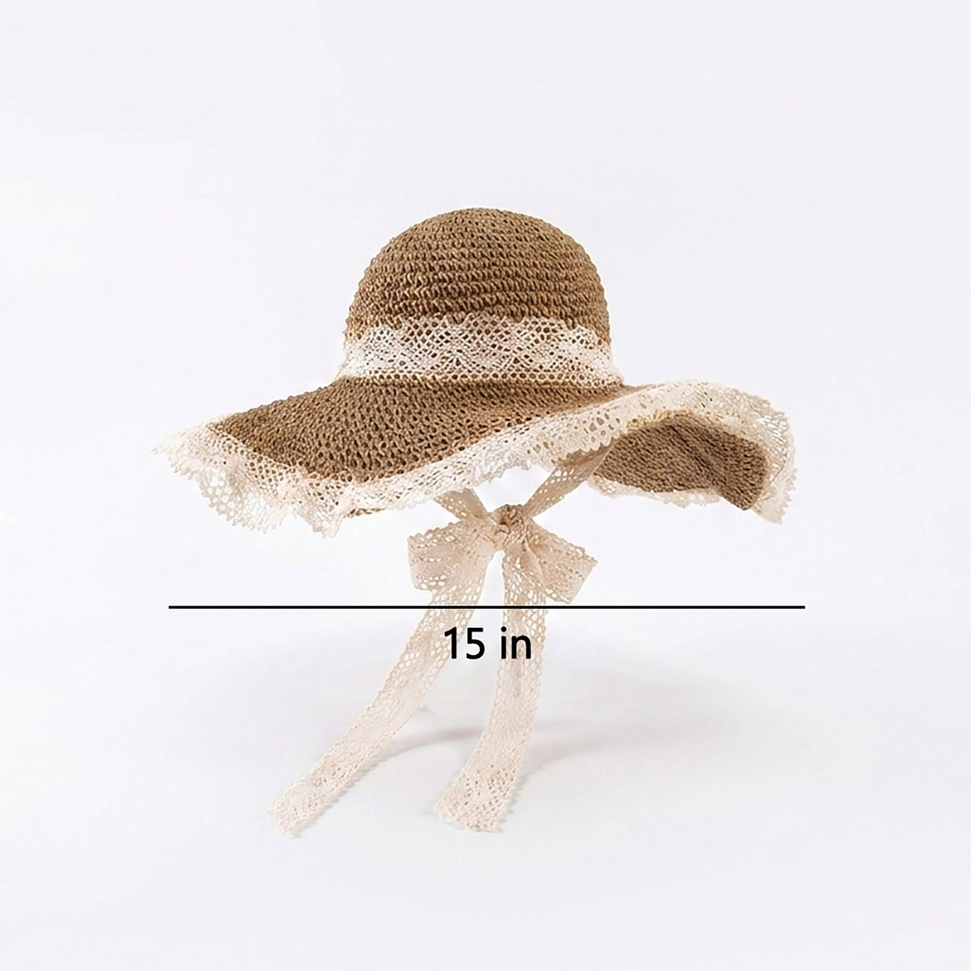 Anna-Kaci Women's Crochet Wide Brim Sun Hat with Lace Trim Bow Accent and Wavy