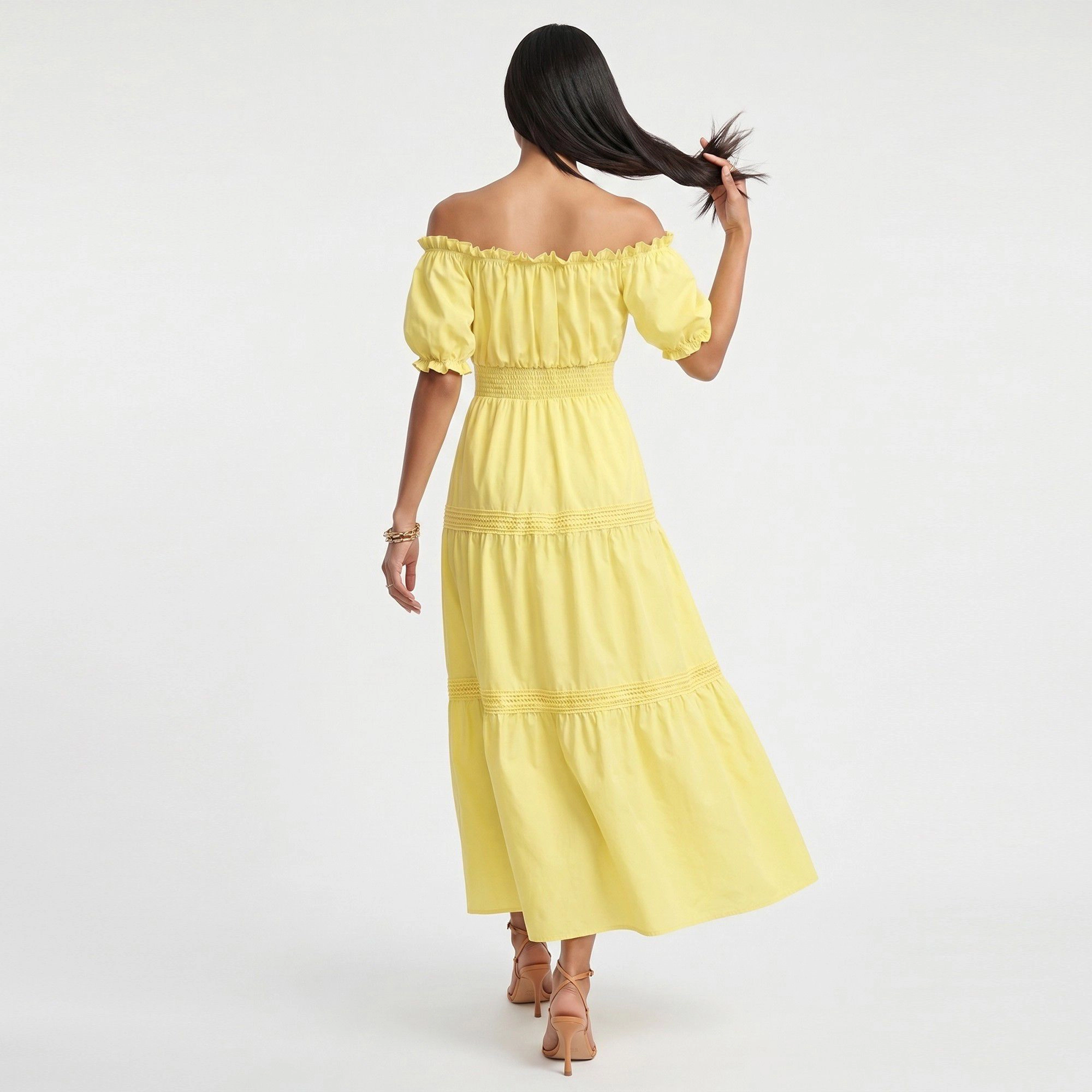 Anna-Kaci Women's Off Shoulder Smocked Waist Tiered Skirt Maxi Dress