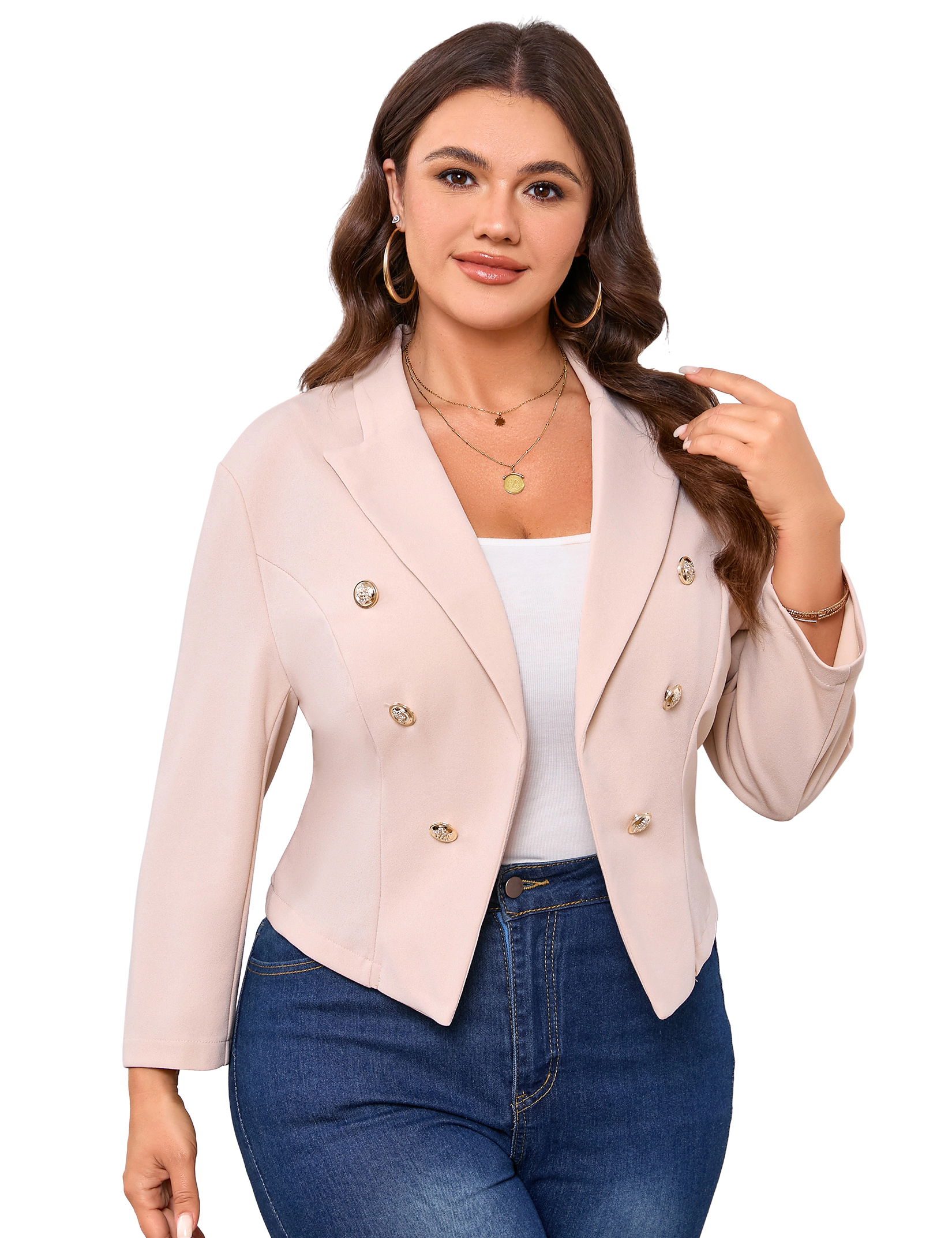 KOJOOIN Women's Double Breasted Cropped Blazer 3/4 Sleeves Open Front Office Work with Pocket