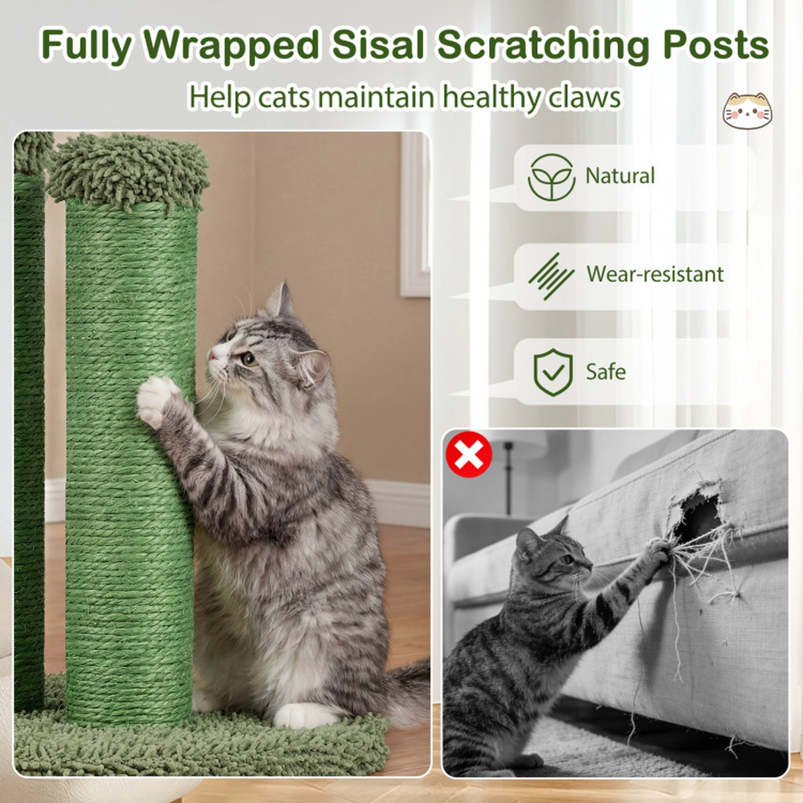 SUGIFT 22 Inch Cactus Cat Scratching Post Green with Natural Sisal Rope and Ball