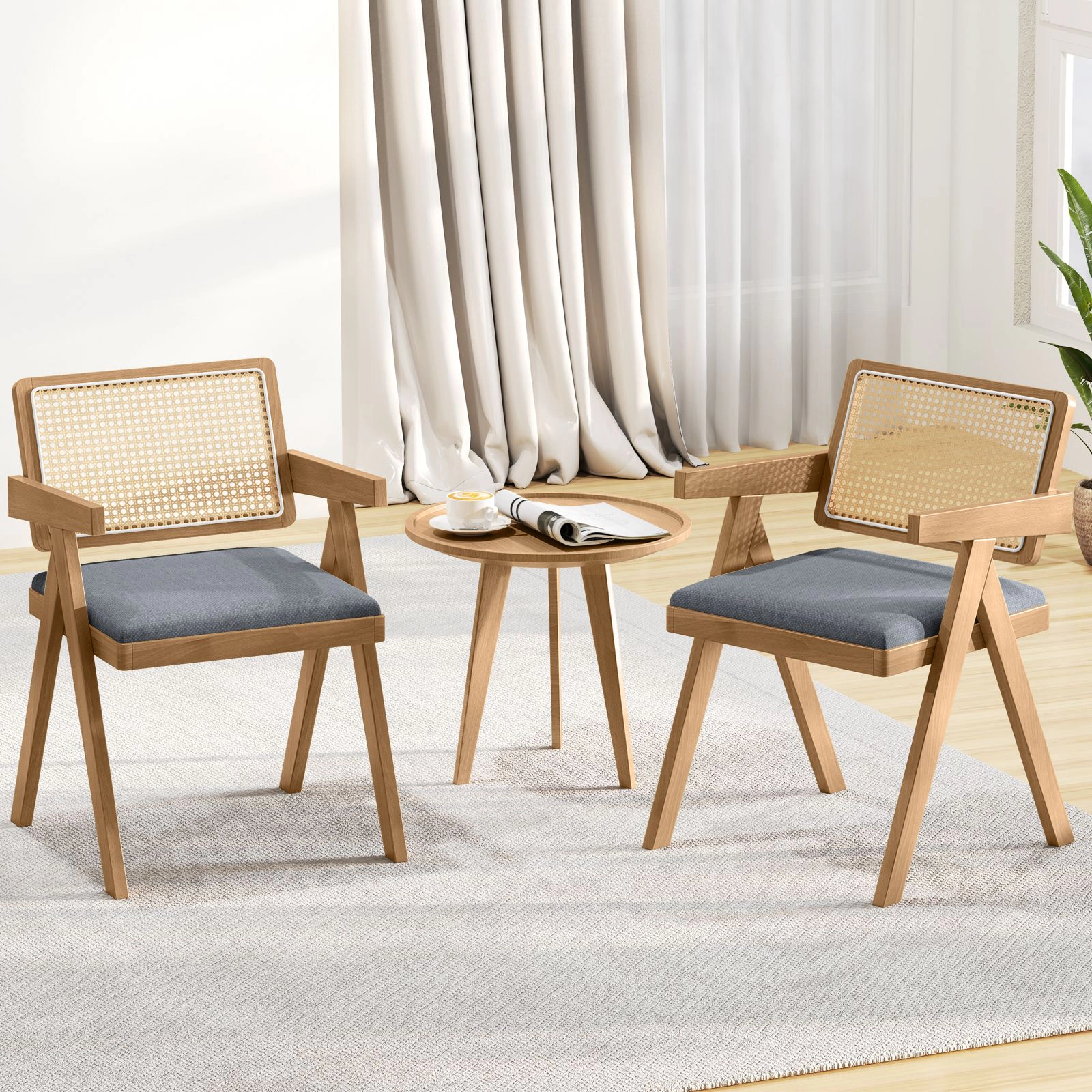 SlickBlue Set of 2 Natural Rattan Accent Chair with Padded Seat & Wood Frame