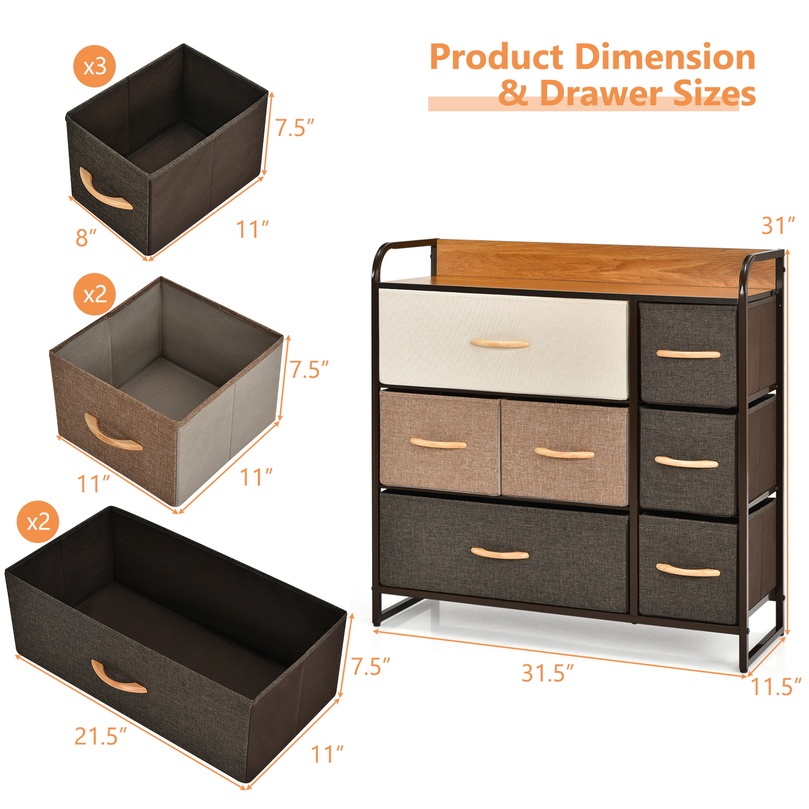 Glintex 7-Drawer Fabric Dresser with Steel Frame and Wood Top, Cream
