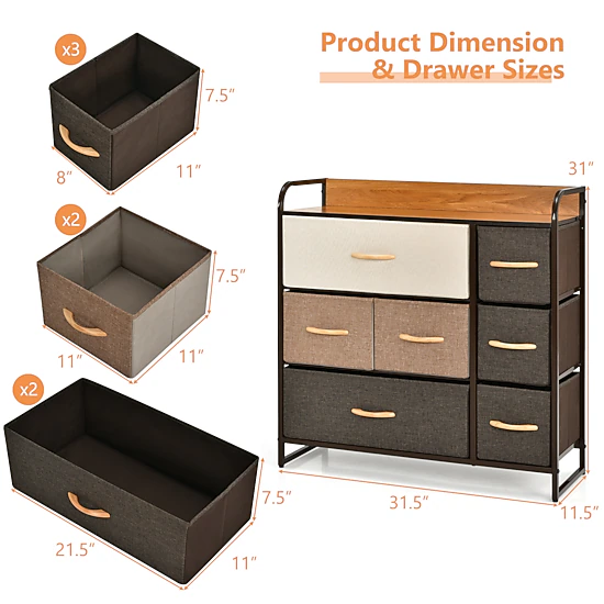 SUGIFT Cream Steel Frame and Solid Wood Top 7-Drawer Storage Tower ...