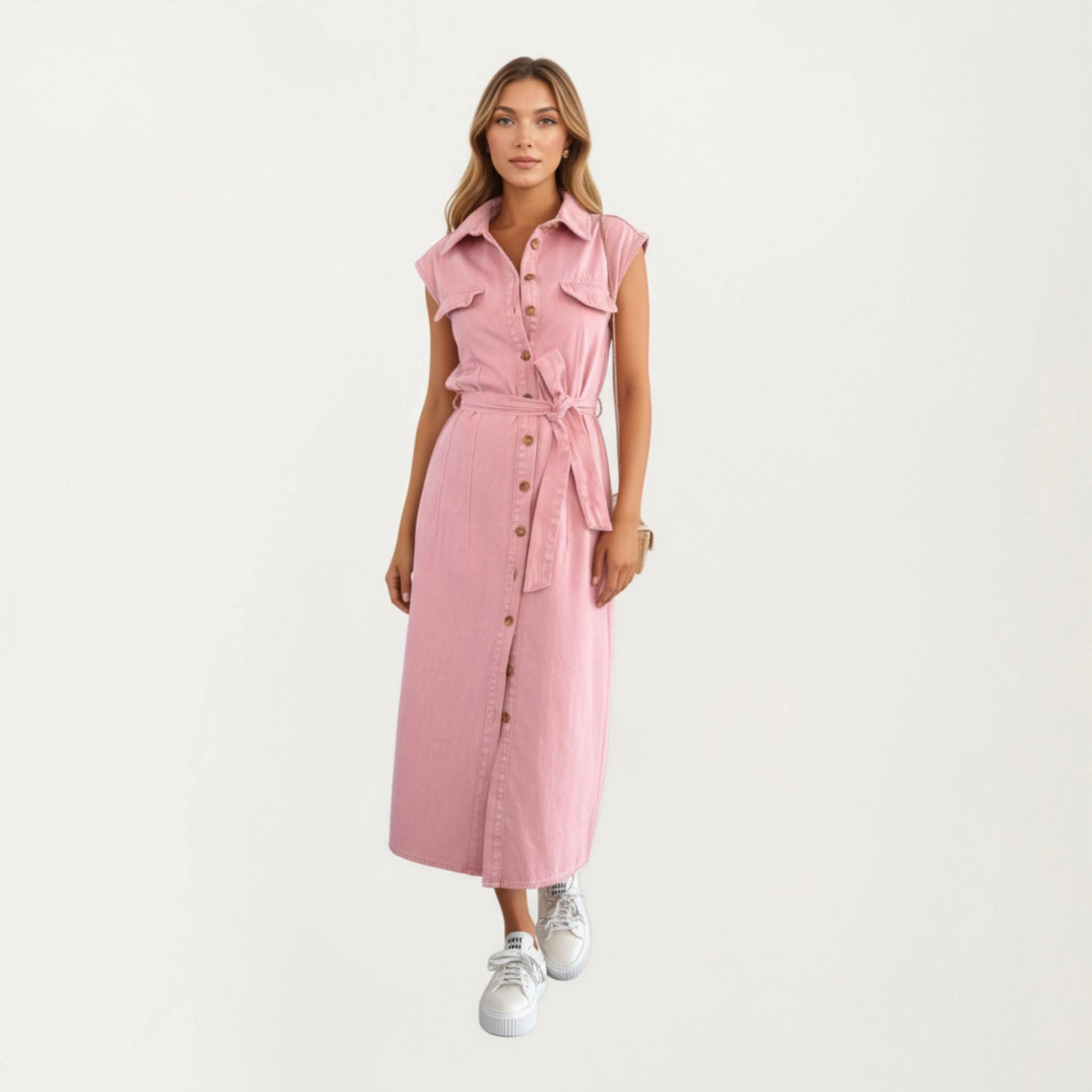 Anna-Kaci Womens Sleeveless Button-Front Denim Maxi Dress with Waist Tie
