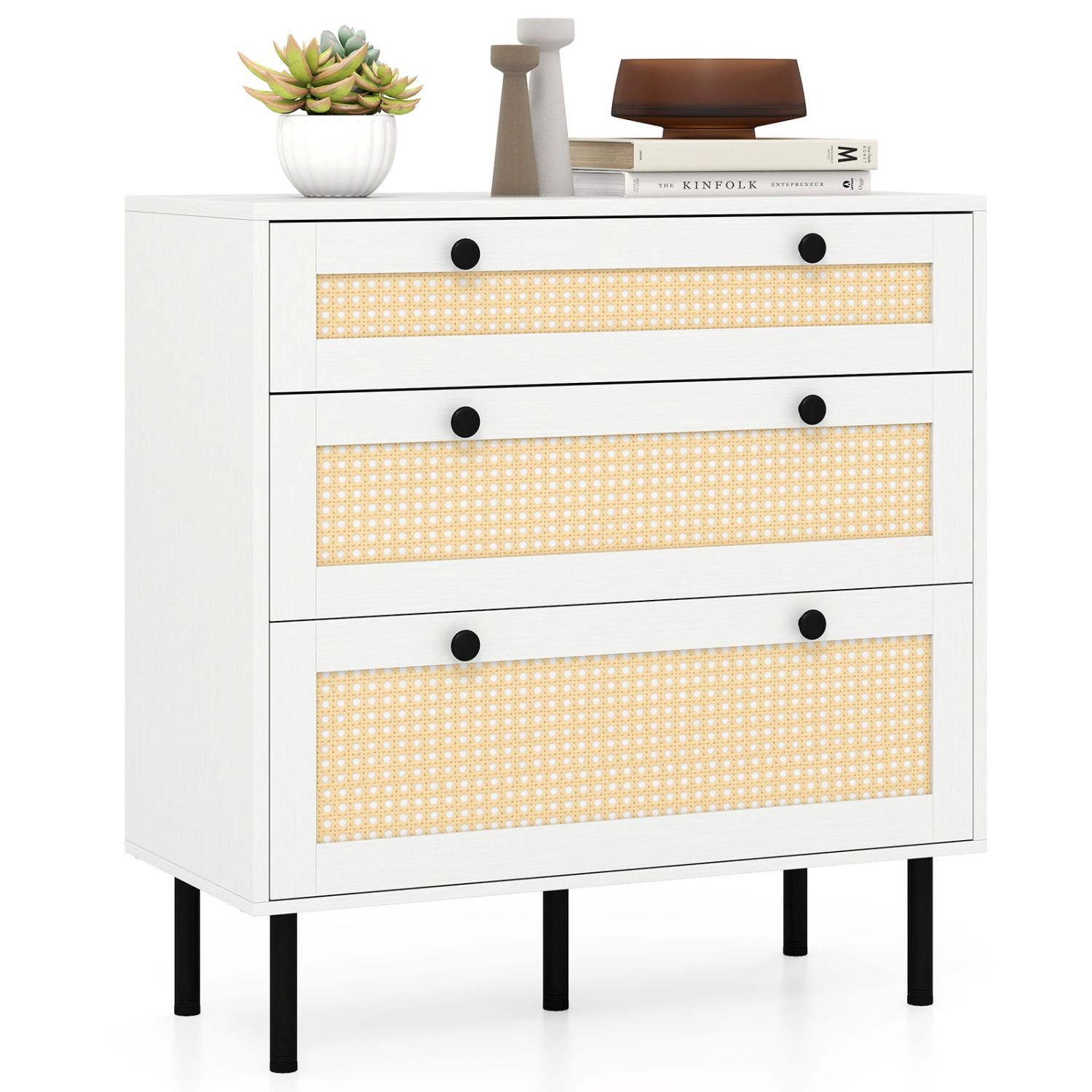 SlickBlue 3 Drawer Boho Nightstand with Woven Rattan Storage