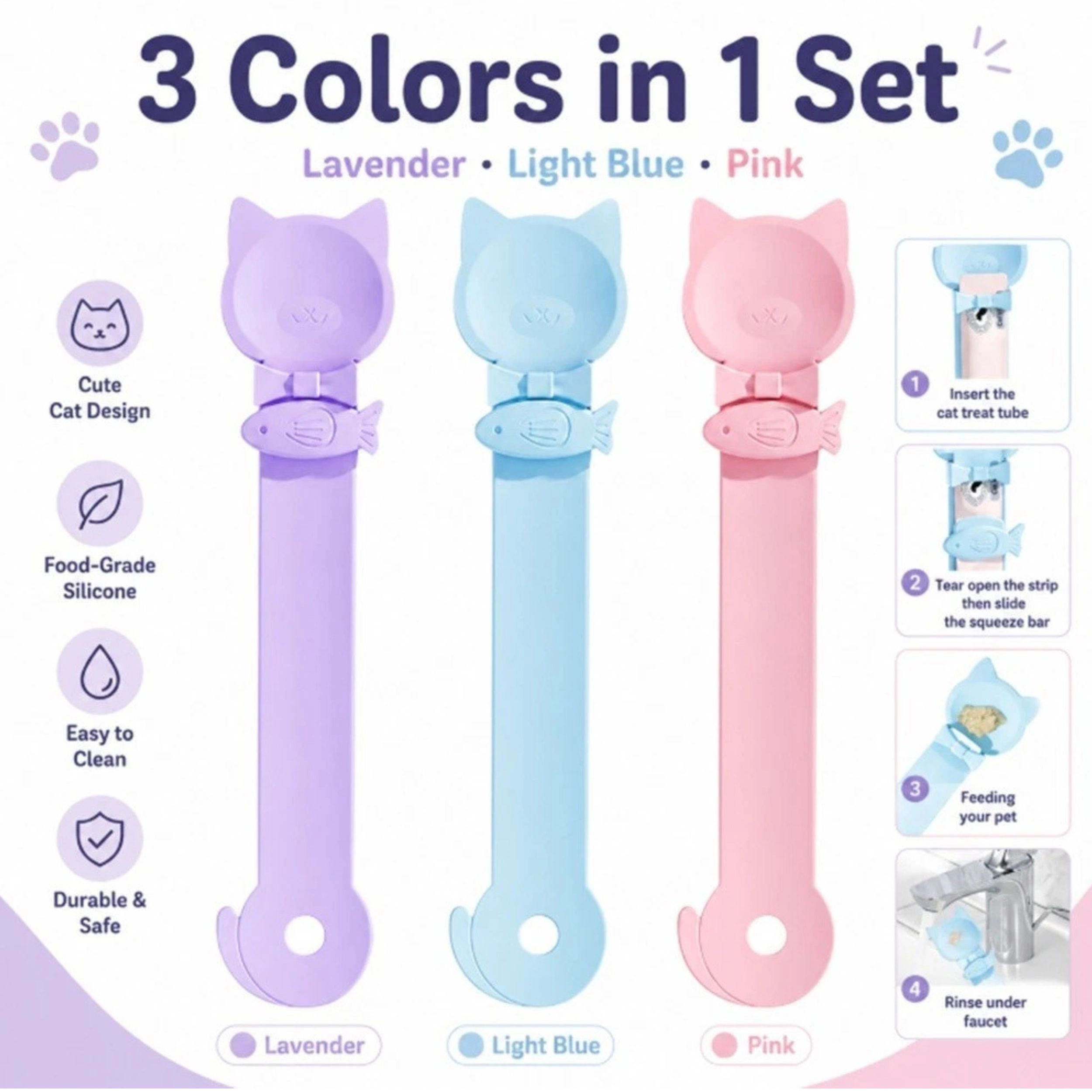 Home Collection Pack of 3 Cat Treat Spoon Dispenser for Lickable Wet Food Tubes