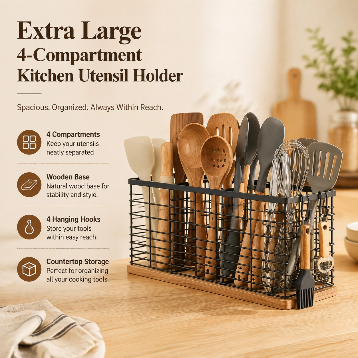 WZK Extra Large 40 Pcs Adjustable Compartment Wooden Base Kitchen Utensil Holder