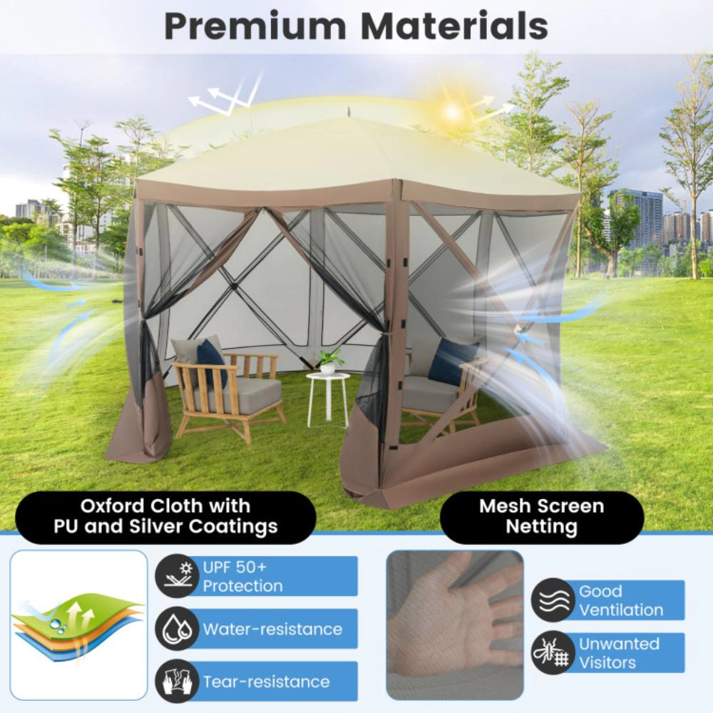 Hivvago Pop-up Gazebo 6-sided Instant Setup Screen House Hub Tent with Mesh Netting Walls-Coffee
