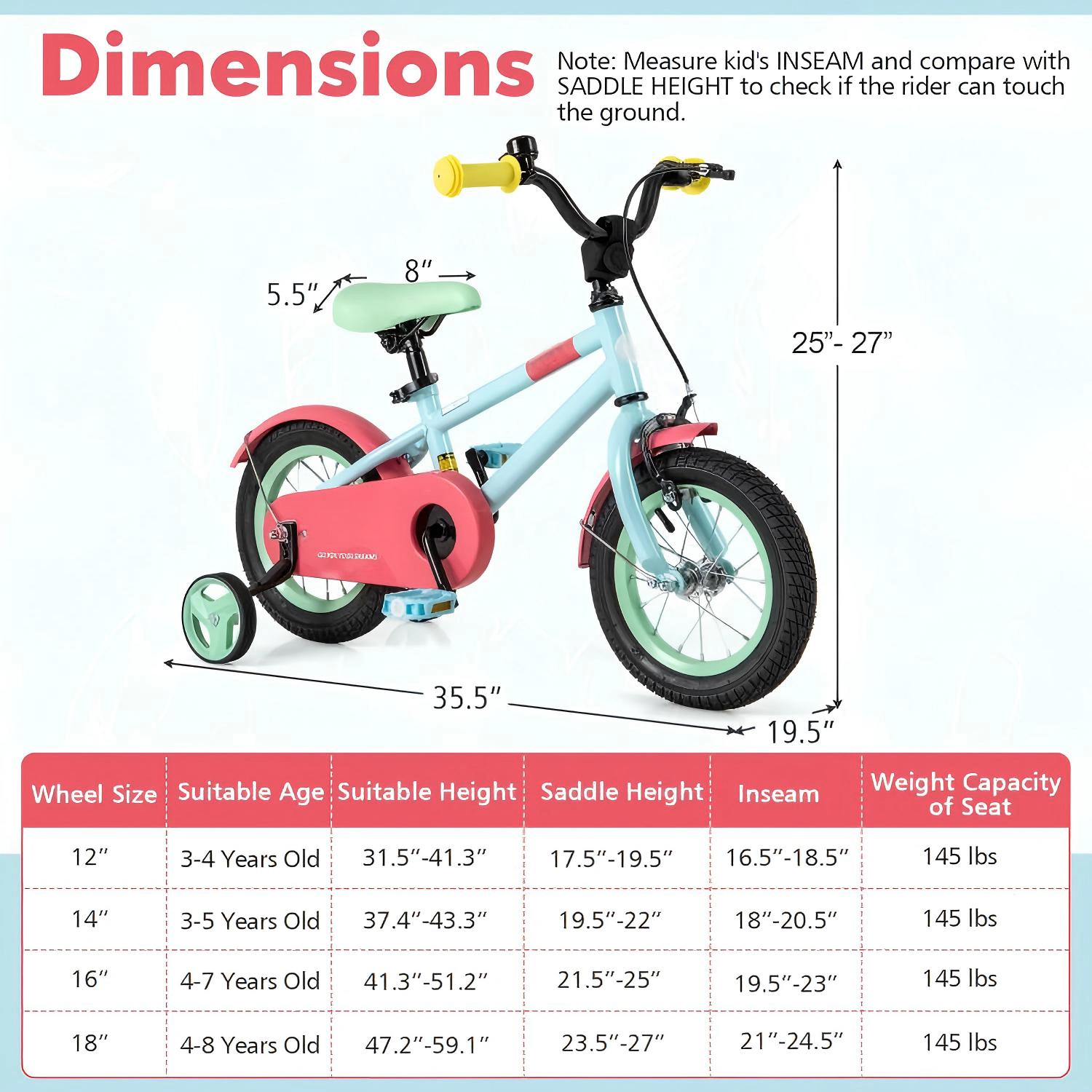 SUGIFT Adjustable Handlebar Kids Bicycle with Saddle 145-lb Seat Capacity Ages 3-4 Years 35.5-in Long Blue 12-In Wheel