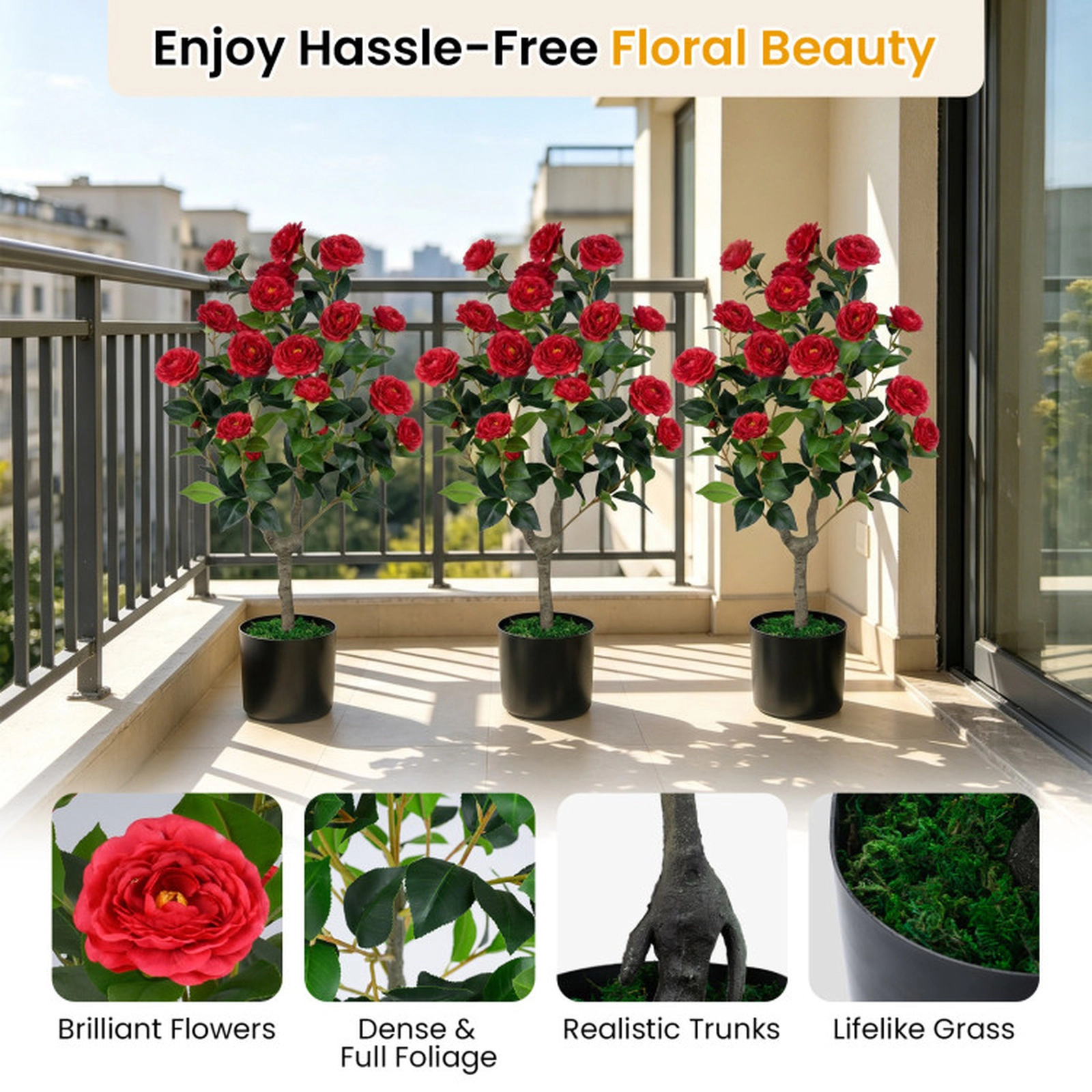 SUGIFT 35.5-in Artificial Red Camellia Tree with Dense Blooms Decorative Grass and Cement-Filled Pot