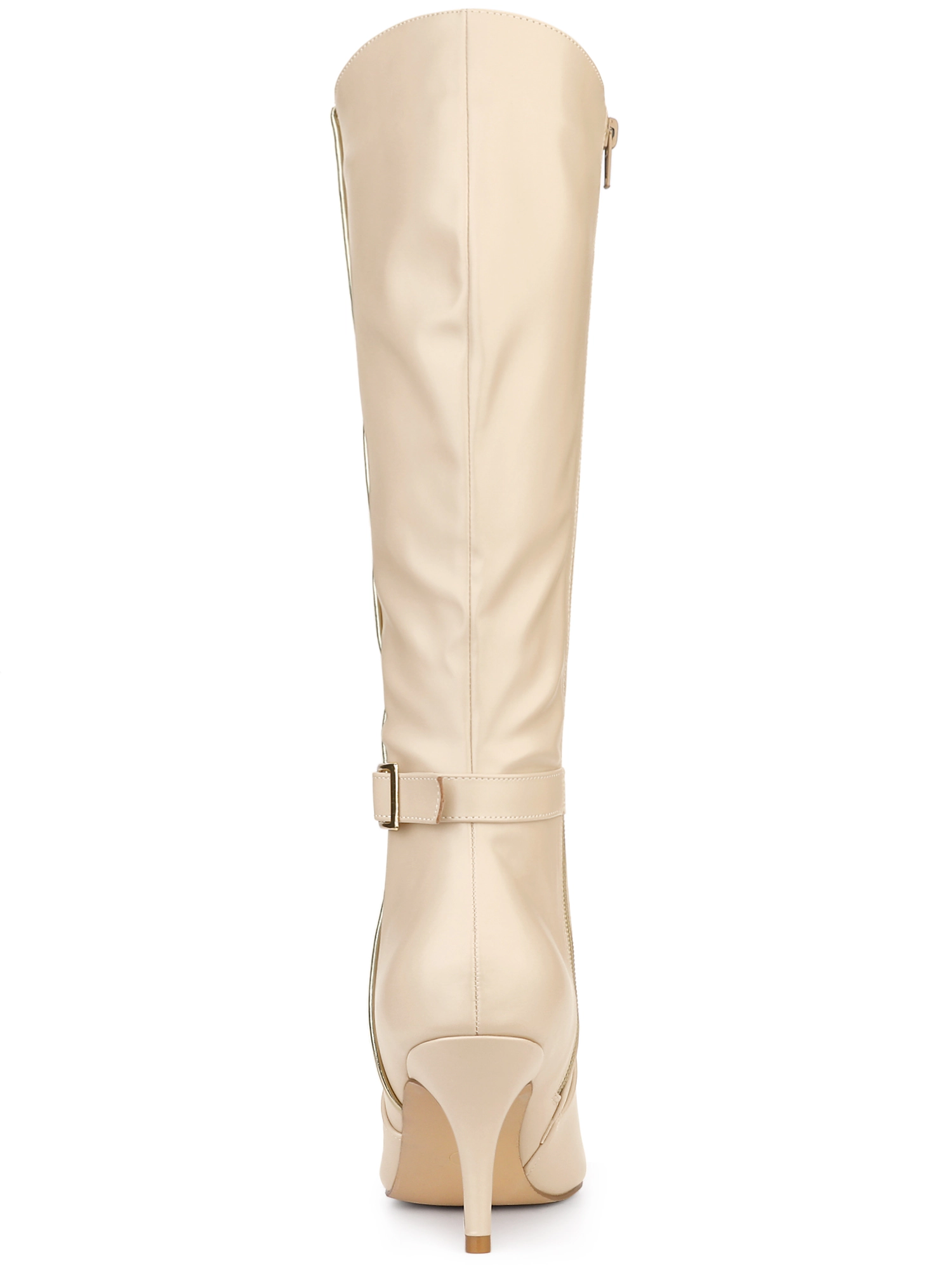 BLISSFUL STEP Women Pointy Toe Buckle Stiletto Heel Knee High Boots