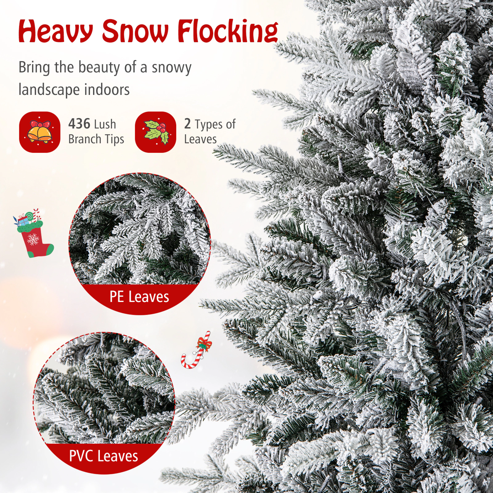 LJG Flocked Christmas Tree with 8 Lighting Modes and Multi-Color LED Lights