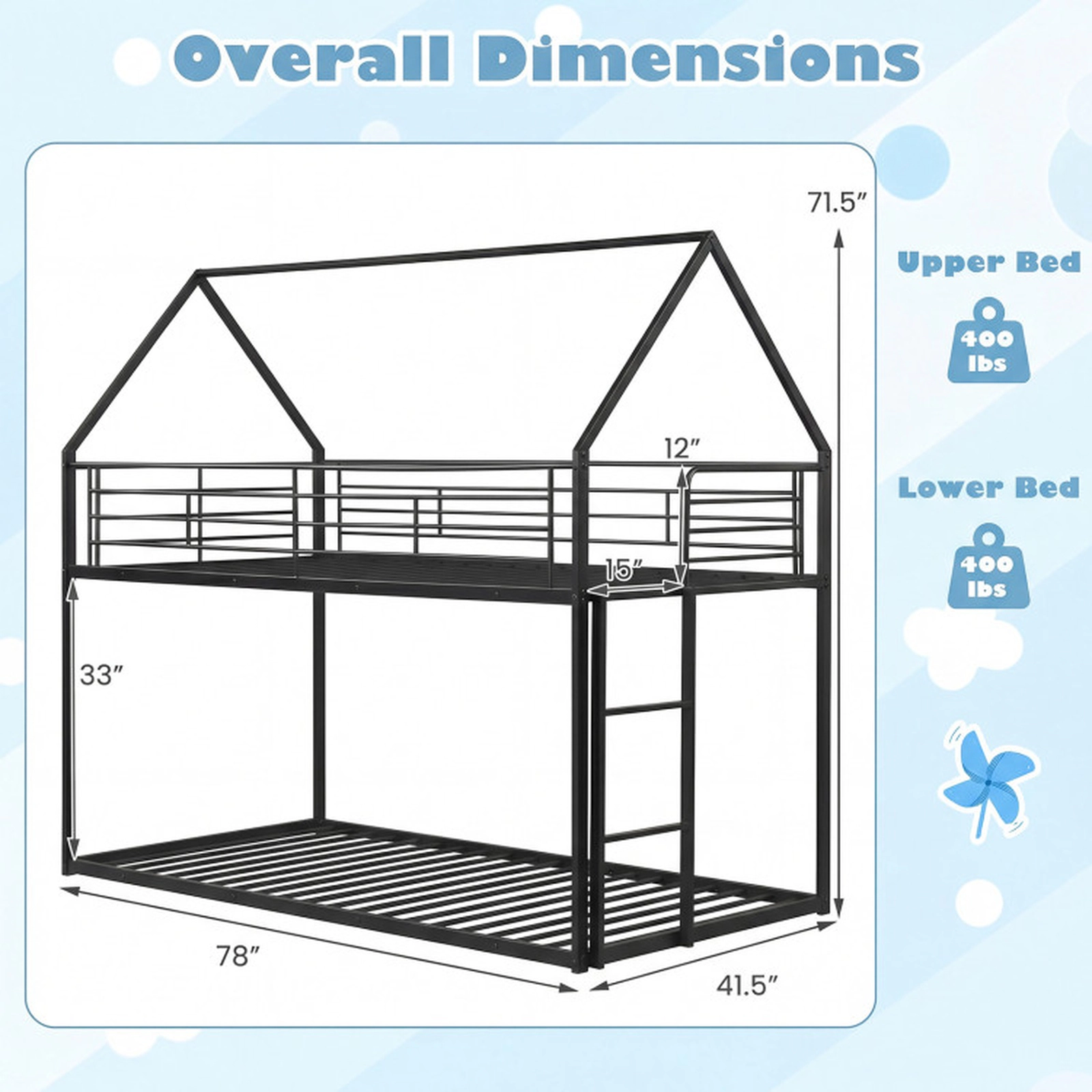 SUGIFT Black House Roof Frame and Ladder 400-lb Twin Over Twin Kids Metal Bunk Bed