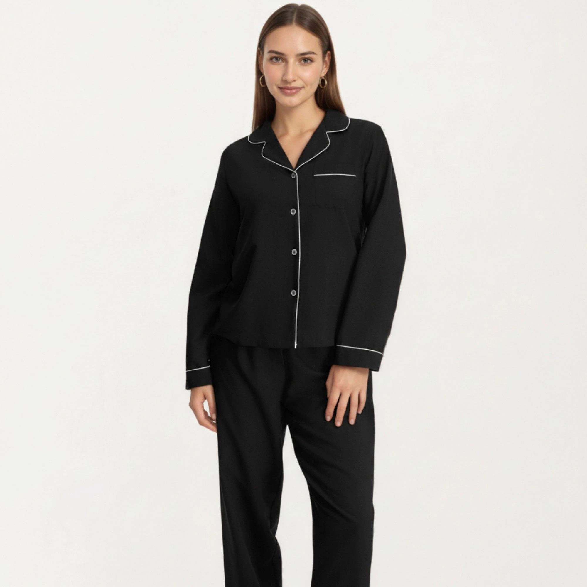 Anna-Kaci Women's Long Sleeve Pajama Set with Soft Notched Collar Button Front Top and Relaxed Straight Leg Pants