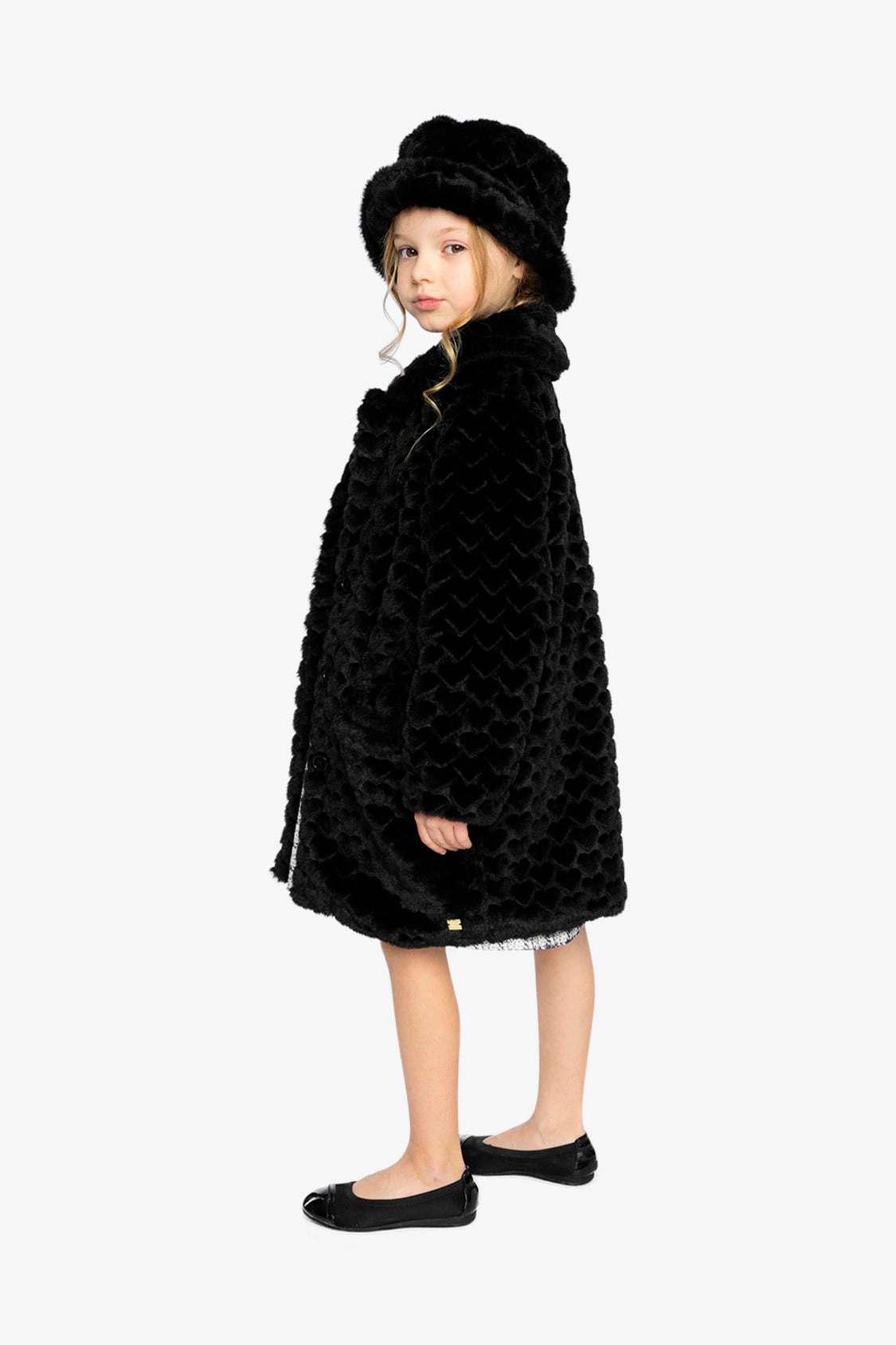 Deux par Girls Button Front Textured Heart Pattern Faux Fur Long Coat