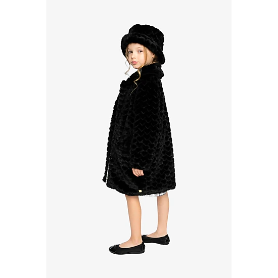 Deux par Deux Girls Button Front Textured Heart Pattern Faux Fur Long Coat