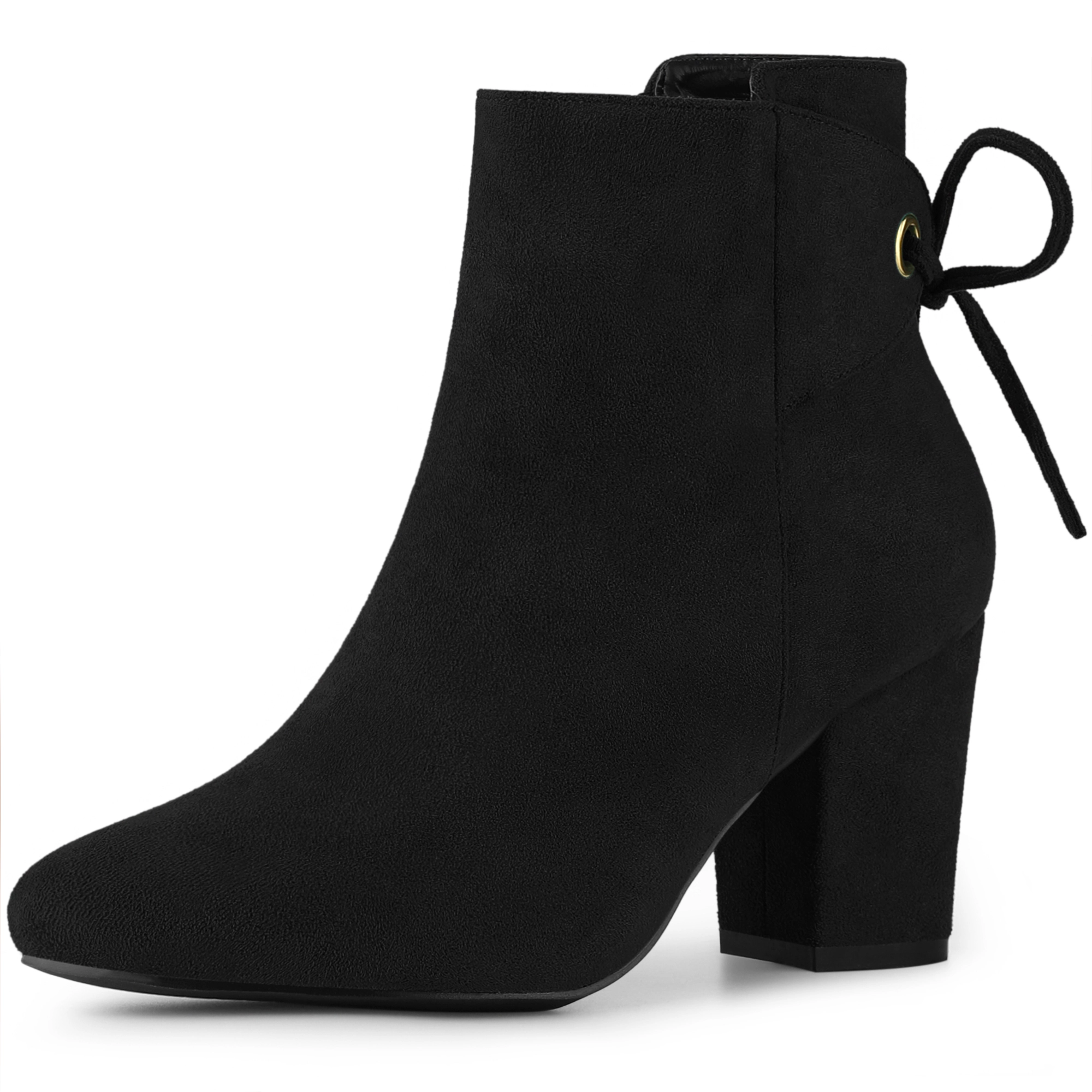 BLISSFUL STEP Women's Round Toe Back Tie Chunky Heels Ankle Boots