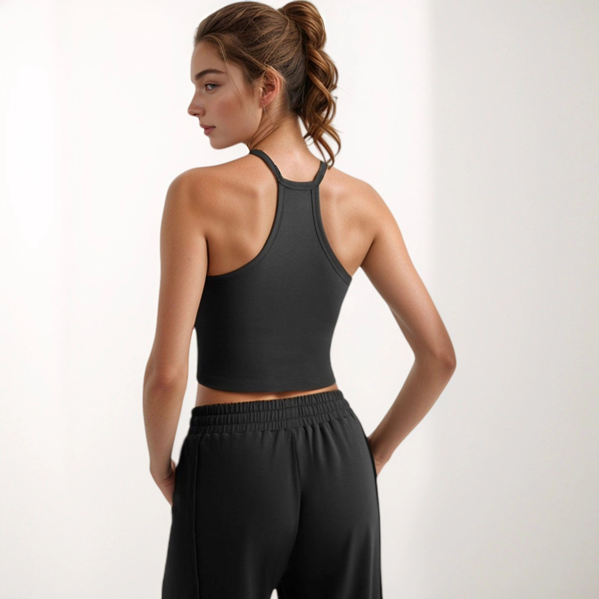 Anna-Kaci Women's High Neck Cropped Tank Top with Racer Style Straps and Seamless Fit for Active Casual Wear