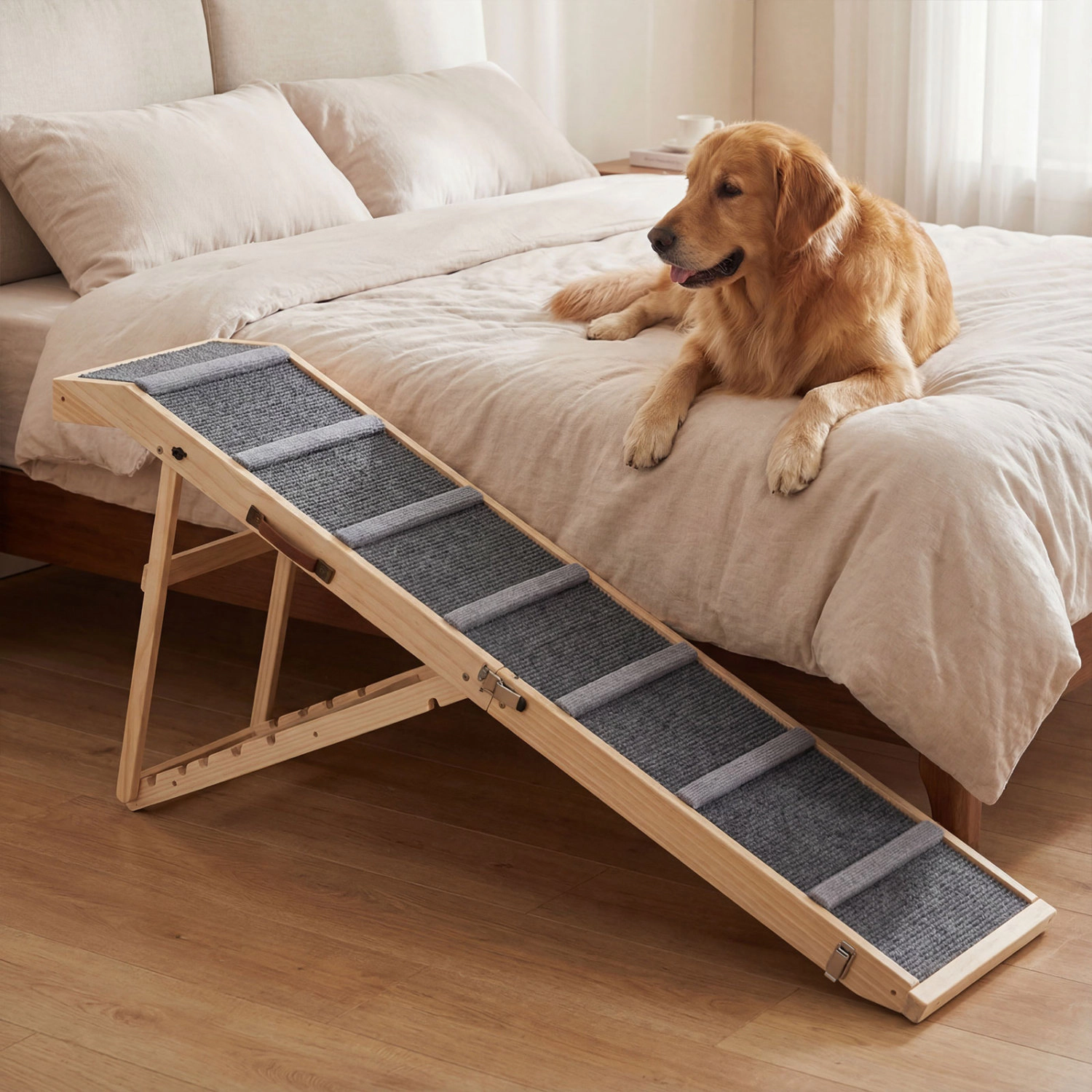SUGIFT 6-Level Height Adjustable Foldable Pet Ramp for High Bed or Couch 145-lb Capacity 62.5-in Long Dark Gray