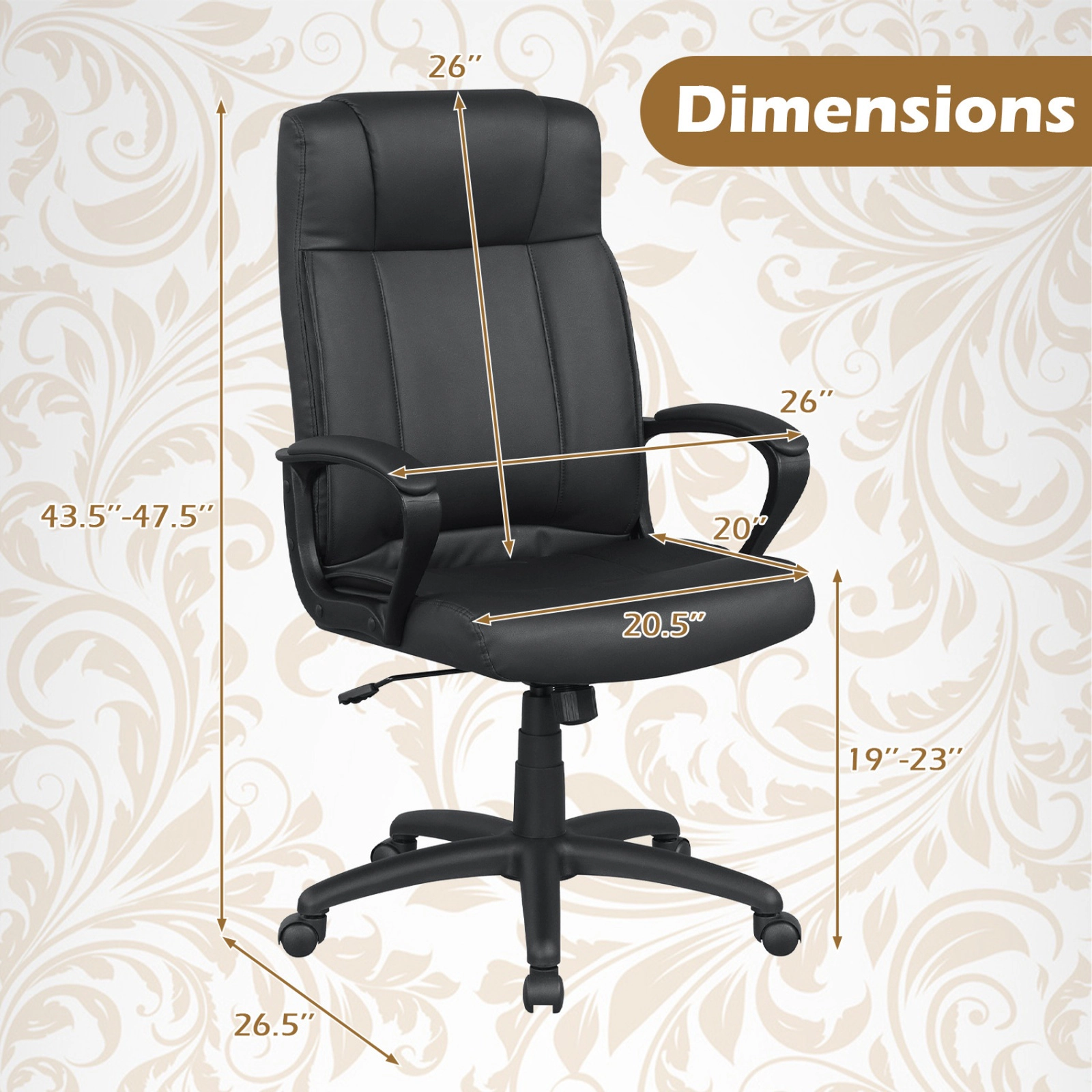 SUGIFT Black Faux Leather Mid-Back Office Chair with Rocking Backrest and Armrests