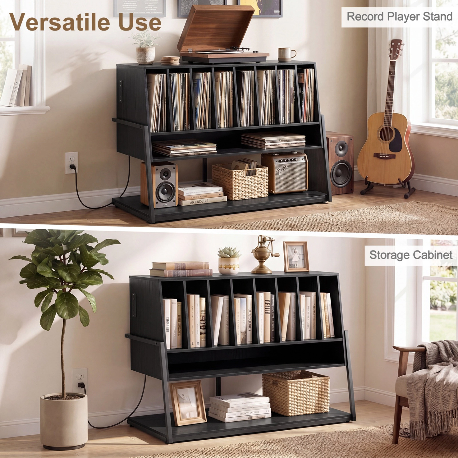 SUGIFT 40-Inch Rolling Record Player Stand with Charging Station, Vinyl Storage for 216 Albums