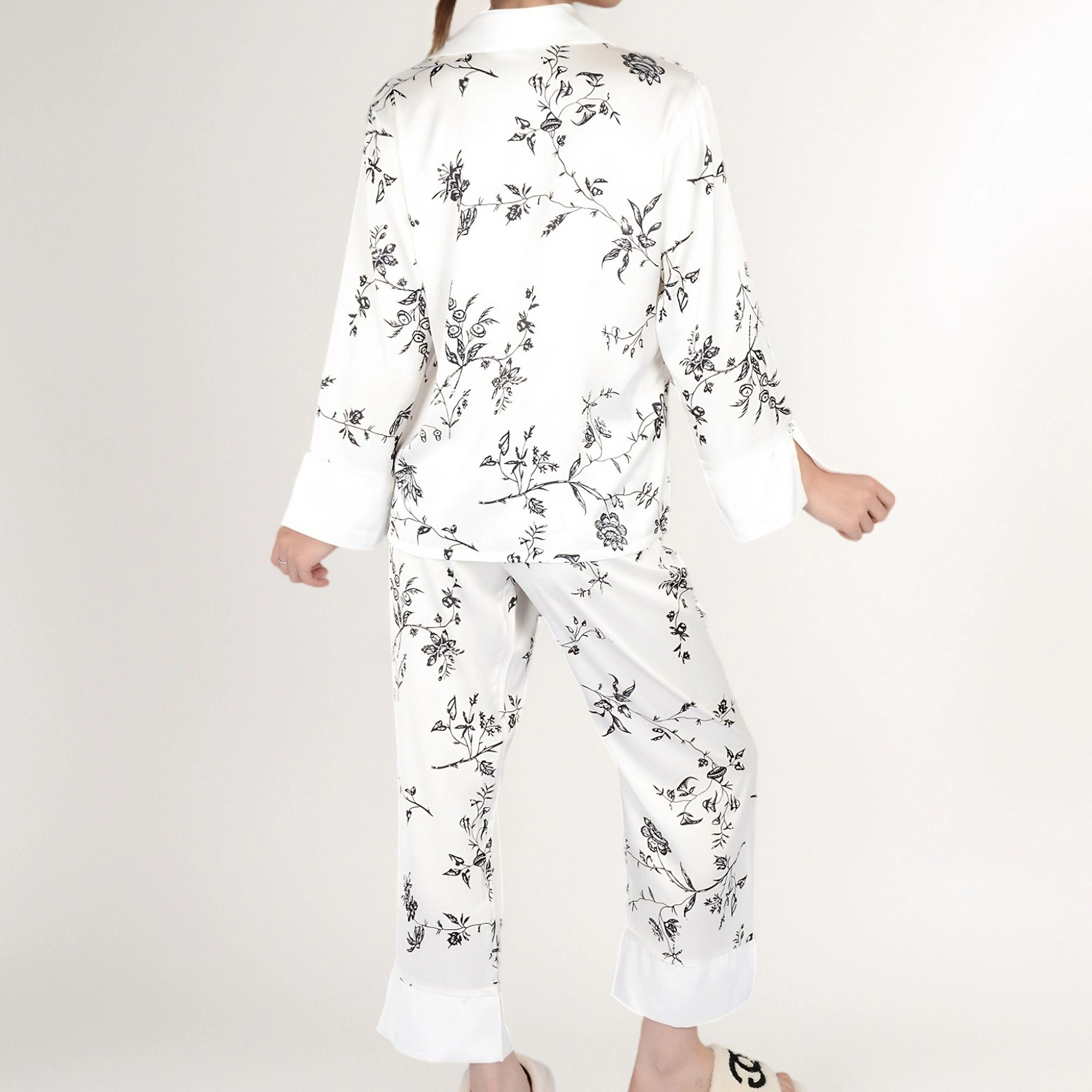 Anna-Kaci Women's Satin Floral Pajama Set Long Sleeve Notched Collar Button Up Top and Relaxed Fit Full-Length Pants