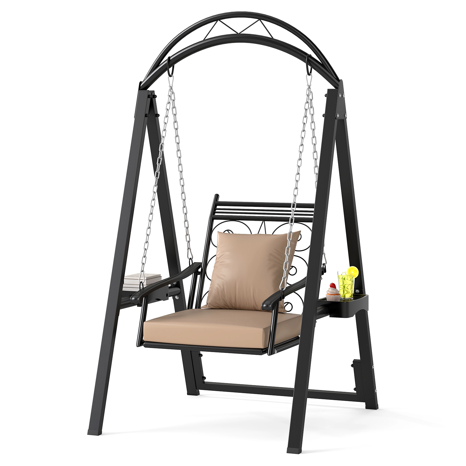 LJG Outdoor Porch Swing with Removable Cushions and Side Tables for Garden Balcony