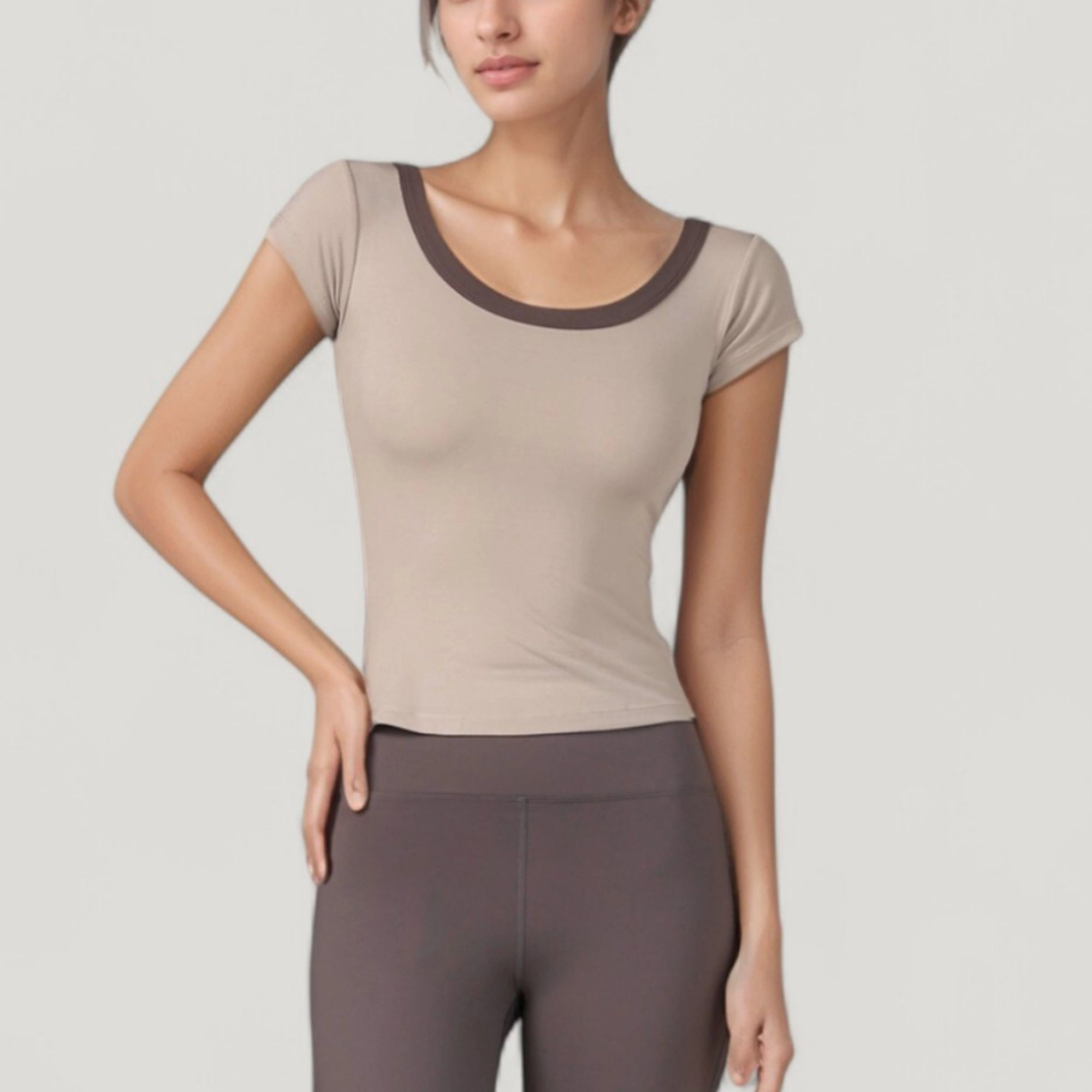 Anna-Kaci Women's Scoop Neck Contrast Trim Fitted Short Sleeve Active Top