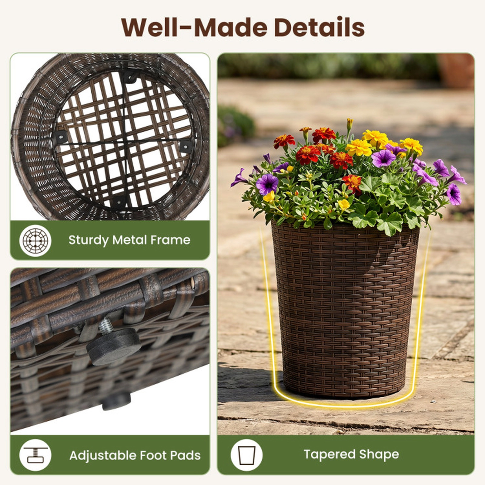 SUGIFT Set of 3 Brown Rattan Style Planters with Drainage Holes and Saucers 14-in W 14-in D 16-in H
