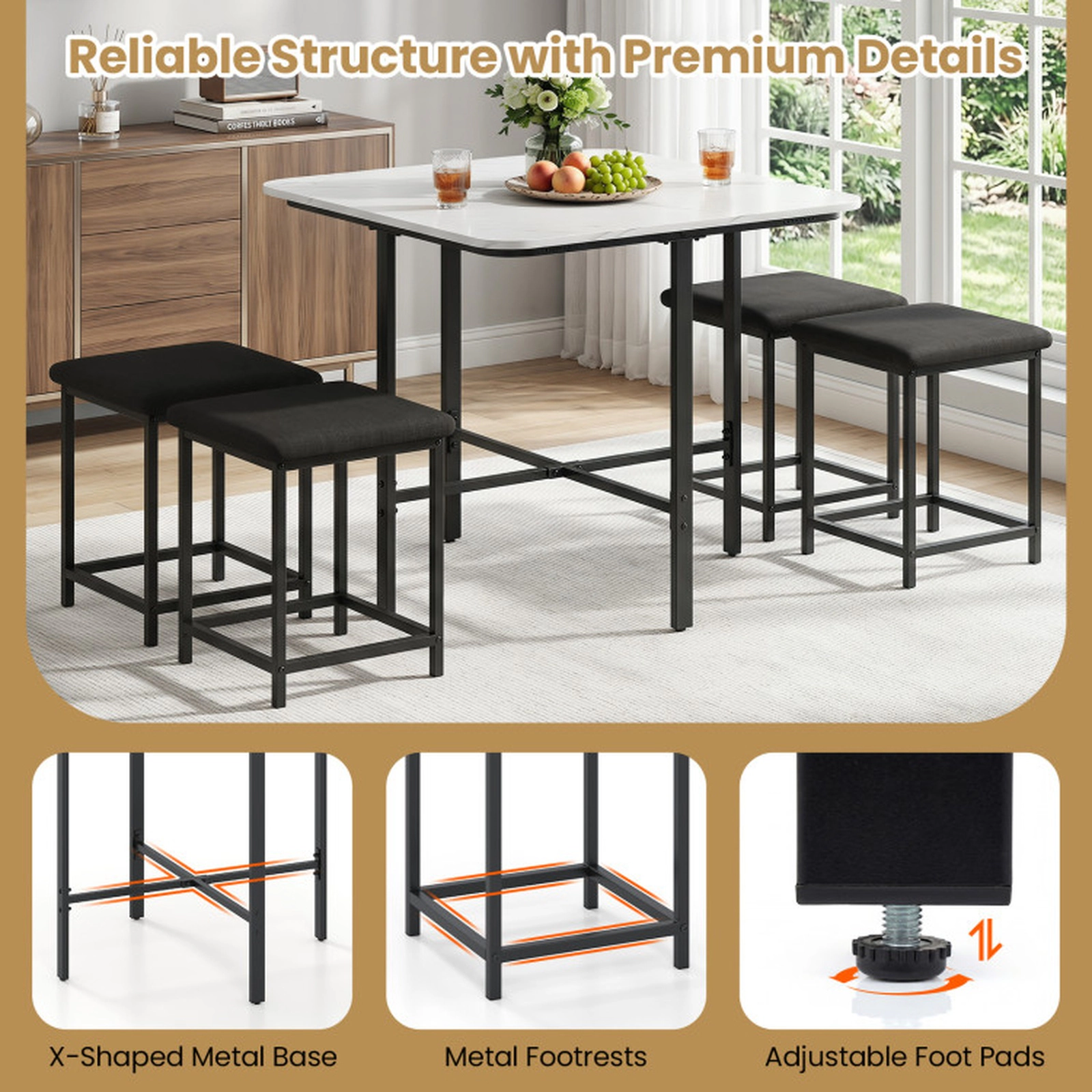 SUGIFT 35.5-in Square Dining Table Set with 4 Upholstered Stools and Metal Frame 180-lb Tabletop Capacity White