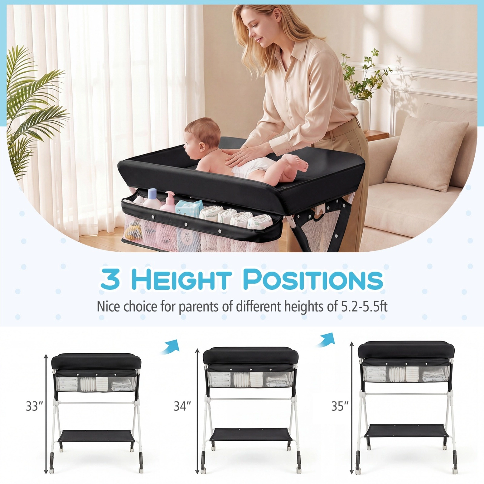 SUGIFT Black Folding Baby Changing Table, 3-Level Adjustable Height Diaper Station with Basket