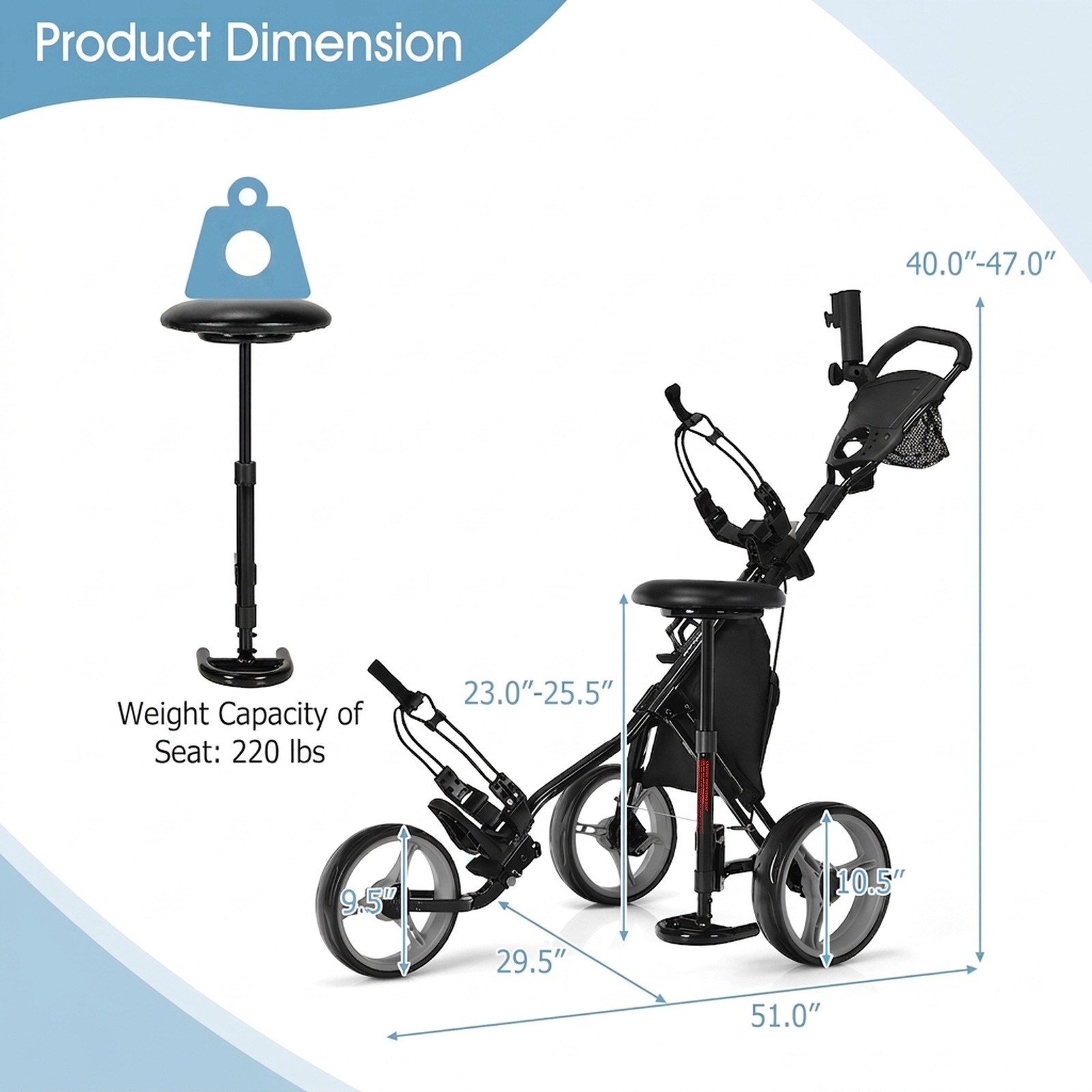 3-Wheel Folding Golf Push Cart with Seat Scoreboard Adjustable Handle Quick Brake Umbrella Holder 30-lb Gray