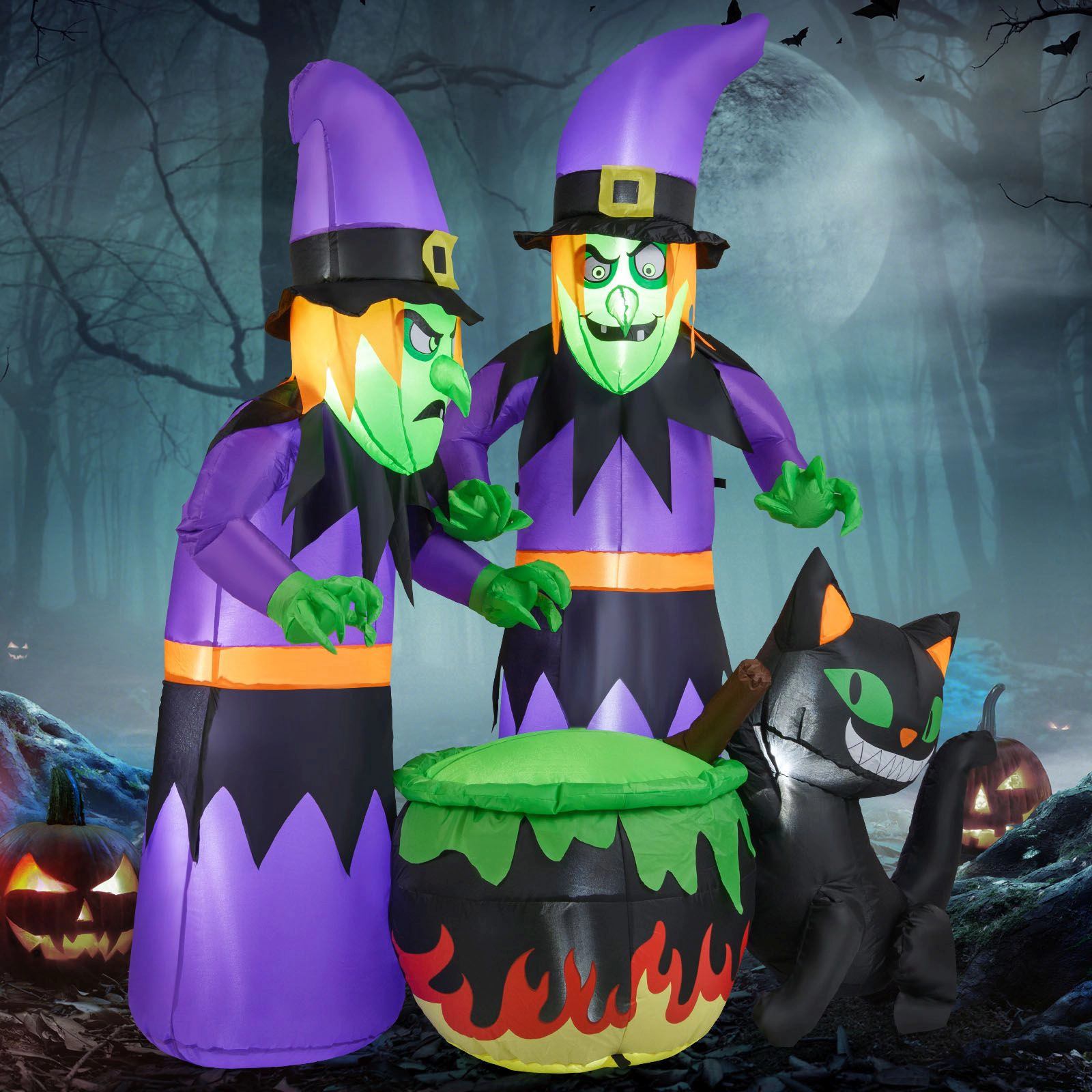 Slickblue Lighted Outdoor Halloween Witch Yard Display with Black Cat Accent