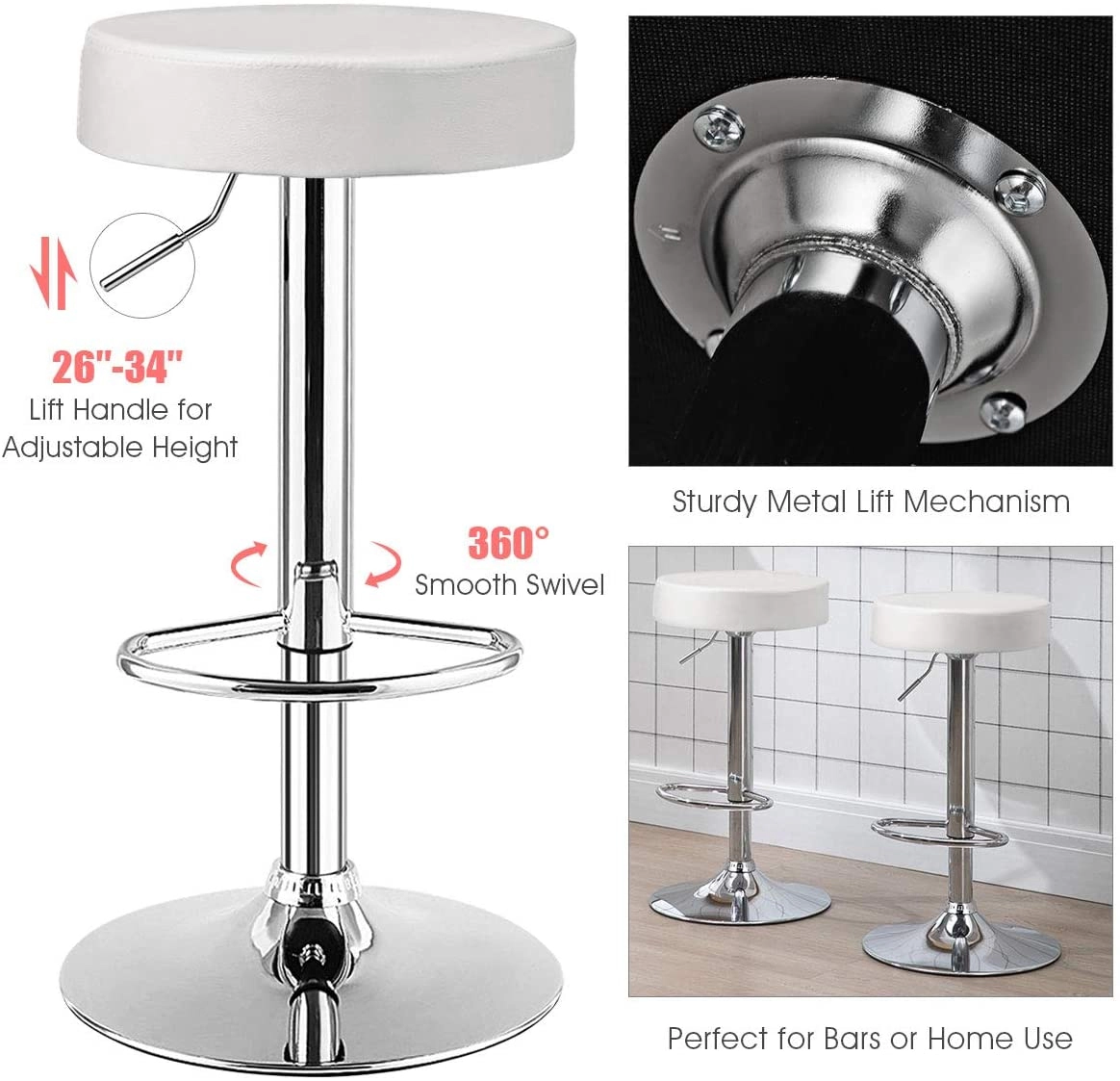 SUGIFT Height Adjustable Round PU Leather Swivel Bar Stools with Chrome Footrest 250-lb Capacity Set of 2 White