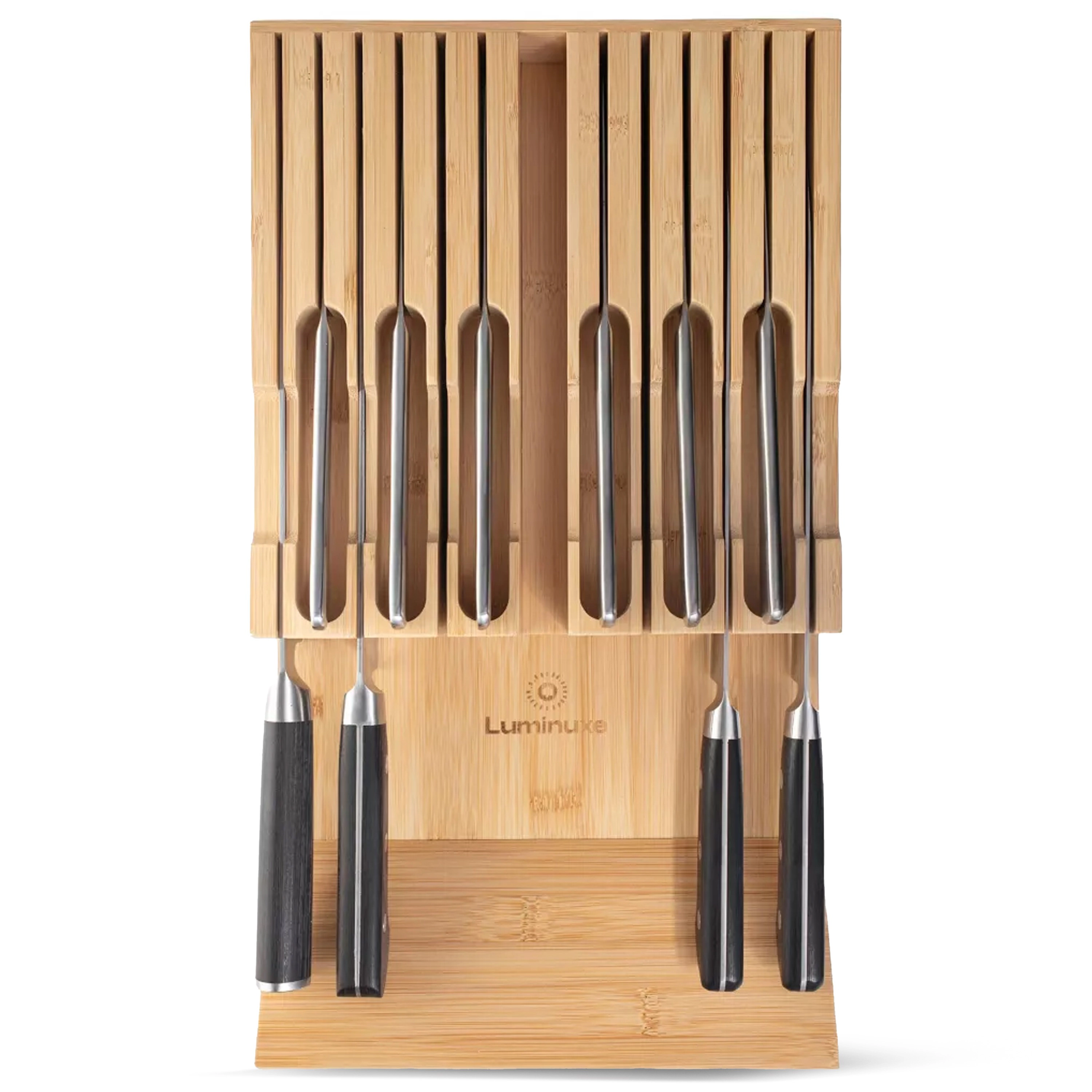 Luminuxe Bamboo Knife Block Drawer Organizer, Durable Nonslip In‑Drawer Wooden Knife Storage Holds up to 12 Knives