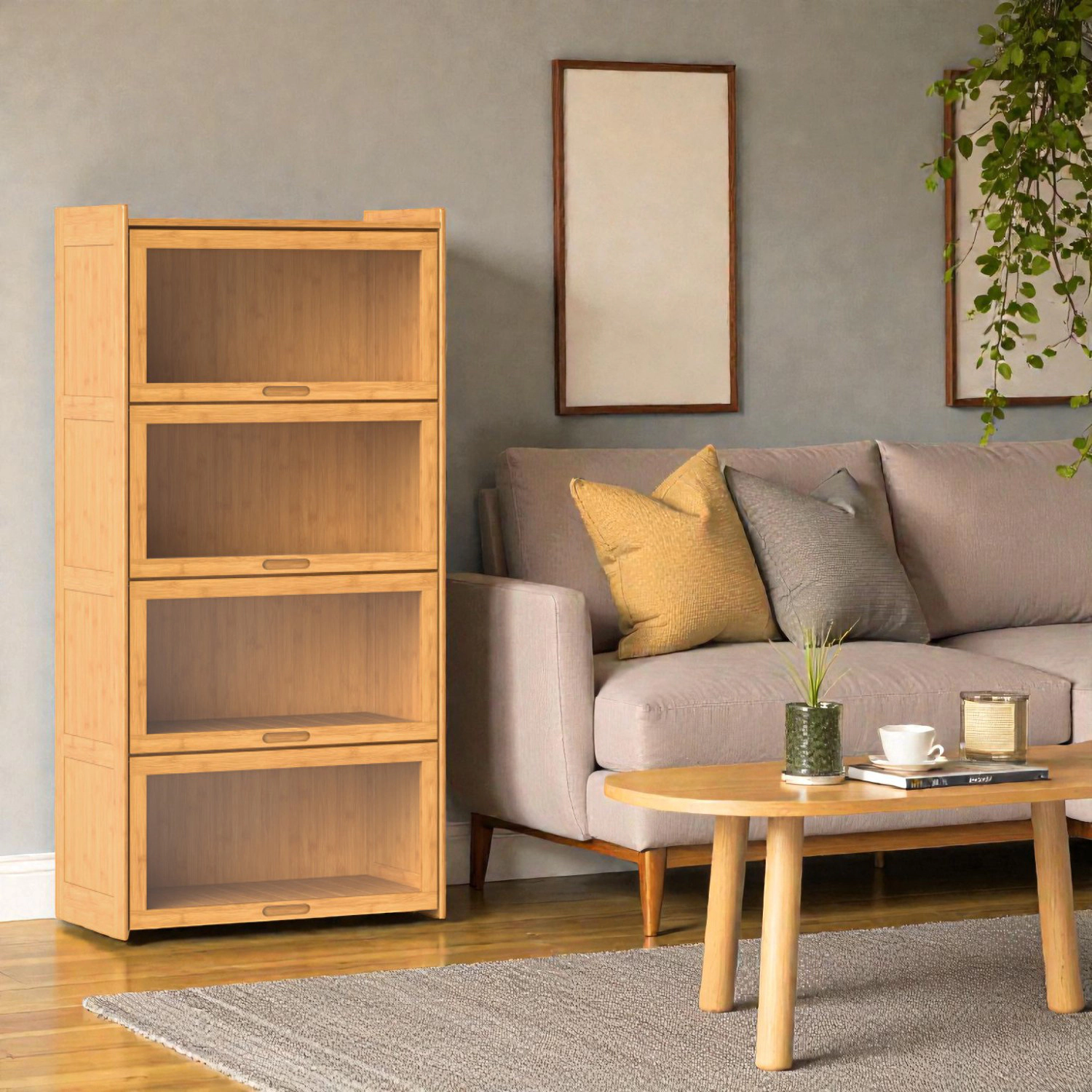 Hivvago Natural Bamboo 4-Tier Display Bookshelf with Enclosed Cabinet
