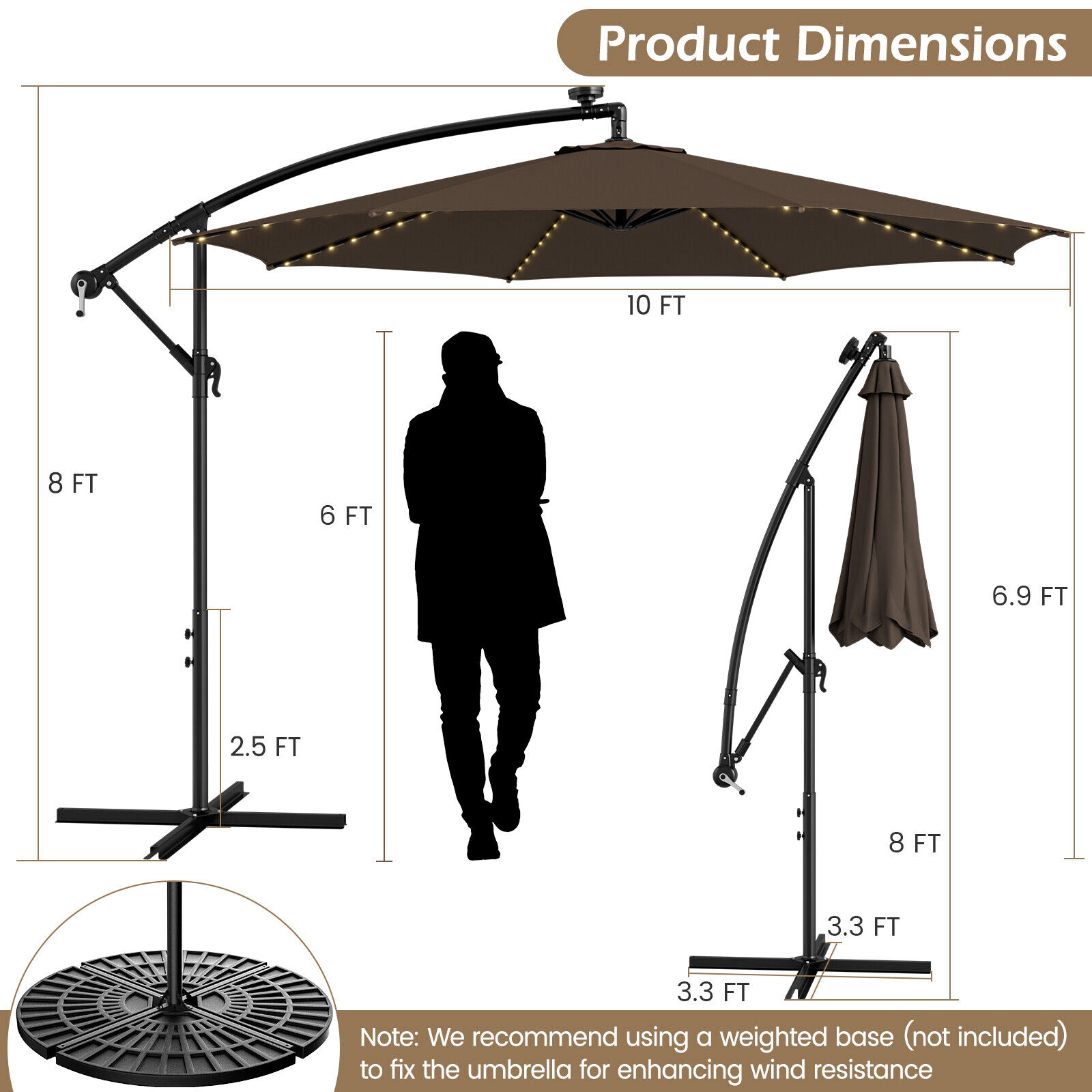 SUGIFT 112 Solar LED Lights and Crank Lift 10 FT Offset Cantilever Patio Umbrella