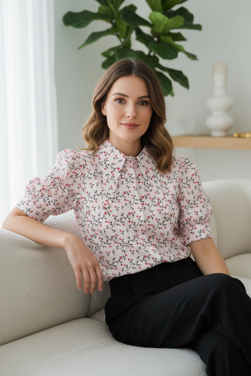DressAtR Women's Floral High Neck Long Collar Elbow Sleeve Front Button Blouse
