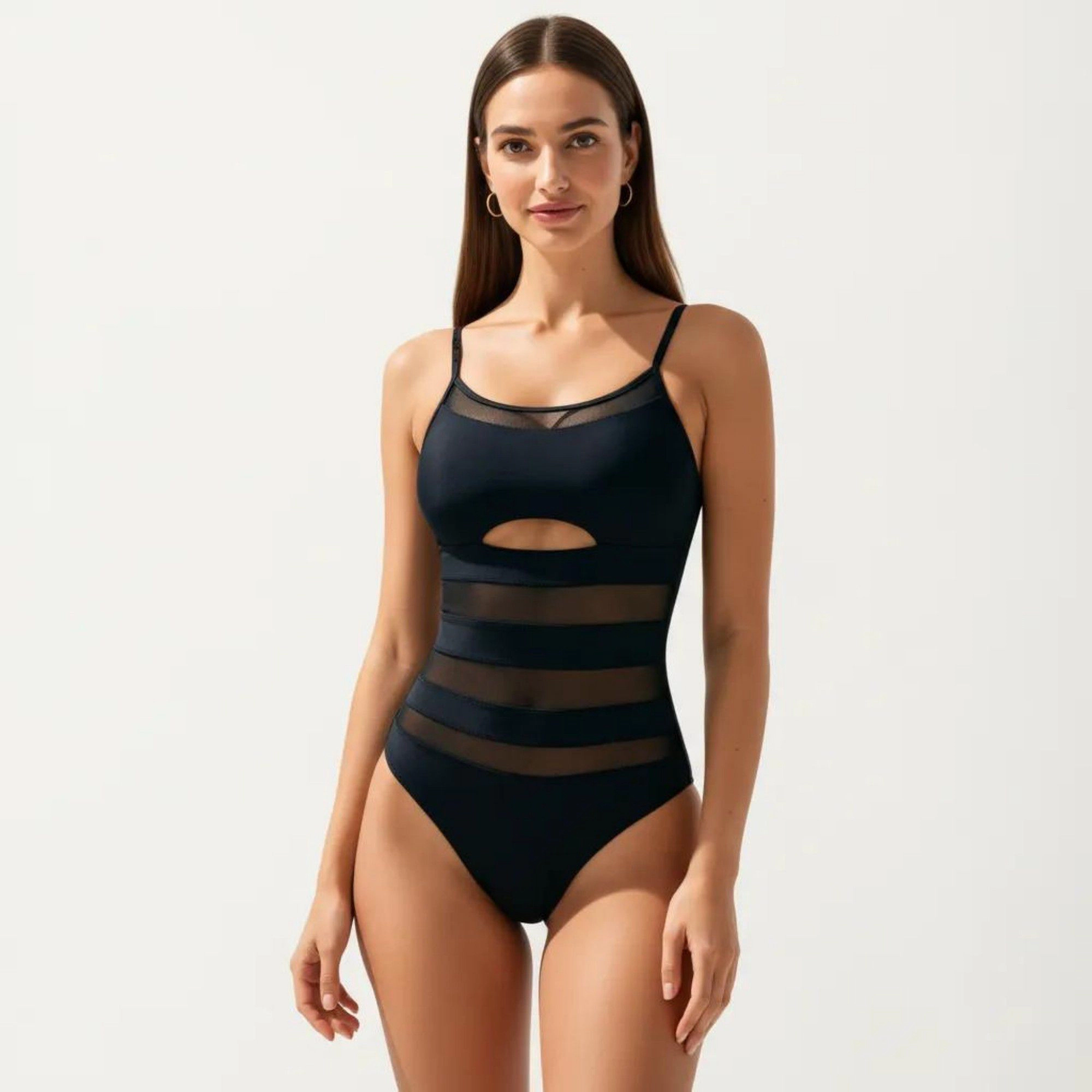 Anna-Kaci Women One Piece Swimsuit - Mesh Panel Cutout Scoop Neck, Adjustable Straps, Slim Fit
