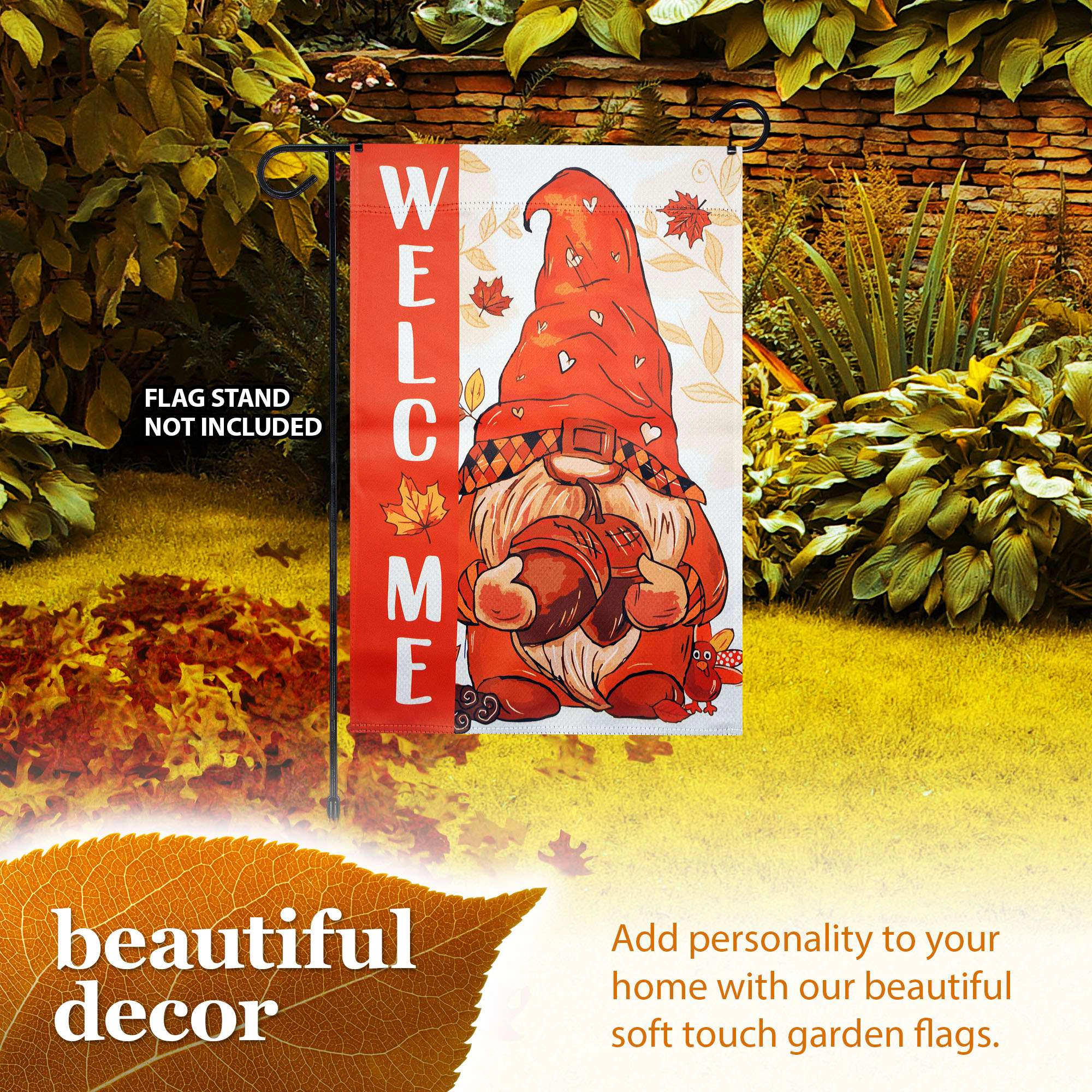 G128 Welcome Fall Gnome Acorn 12x18 Double-Sided Garden Flag