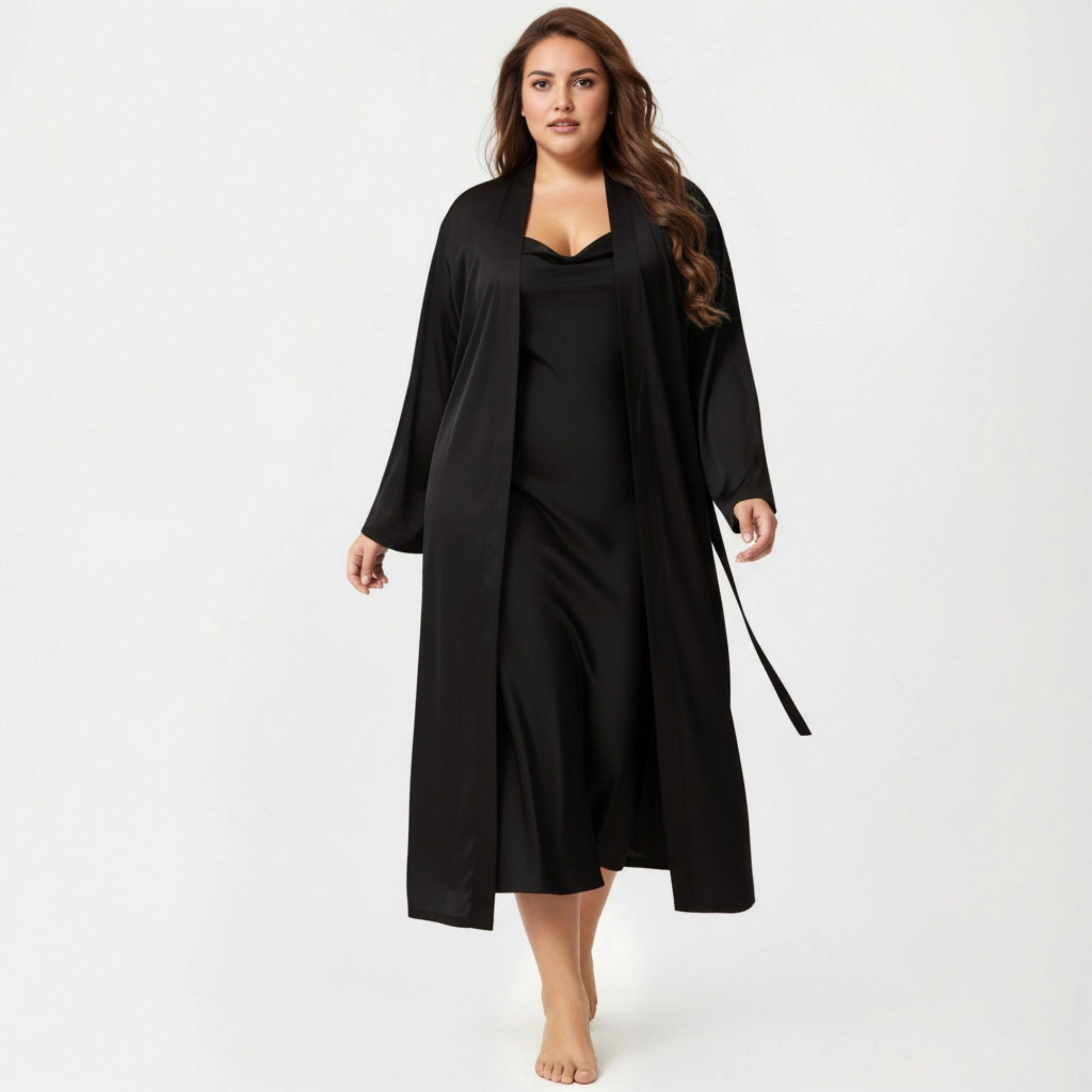 Anna-Kaci Women's Plus 2-Piece Satin Nightgown Set with Long Sleeve Open Front Robe Sleeveless Slip Dress Sleepwear