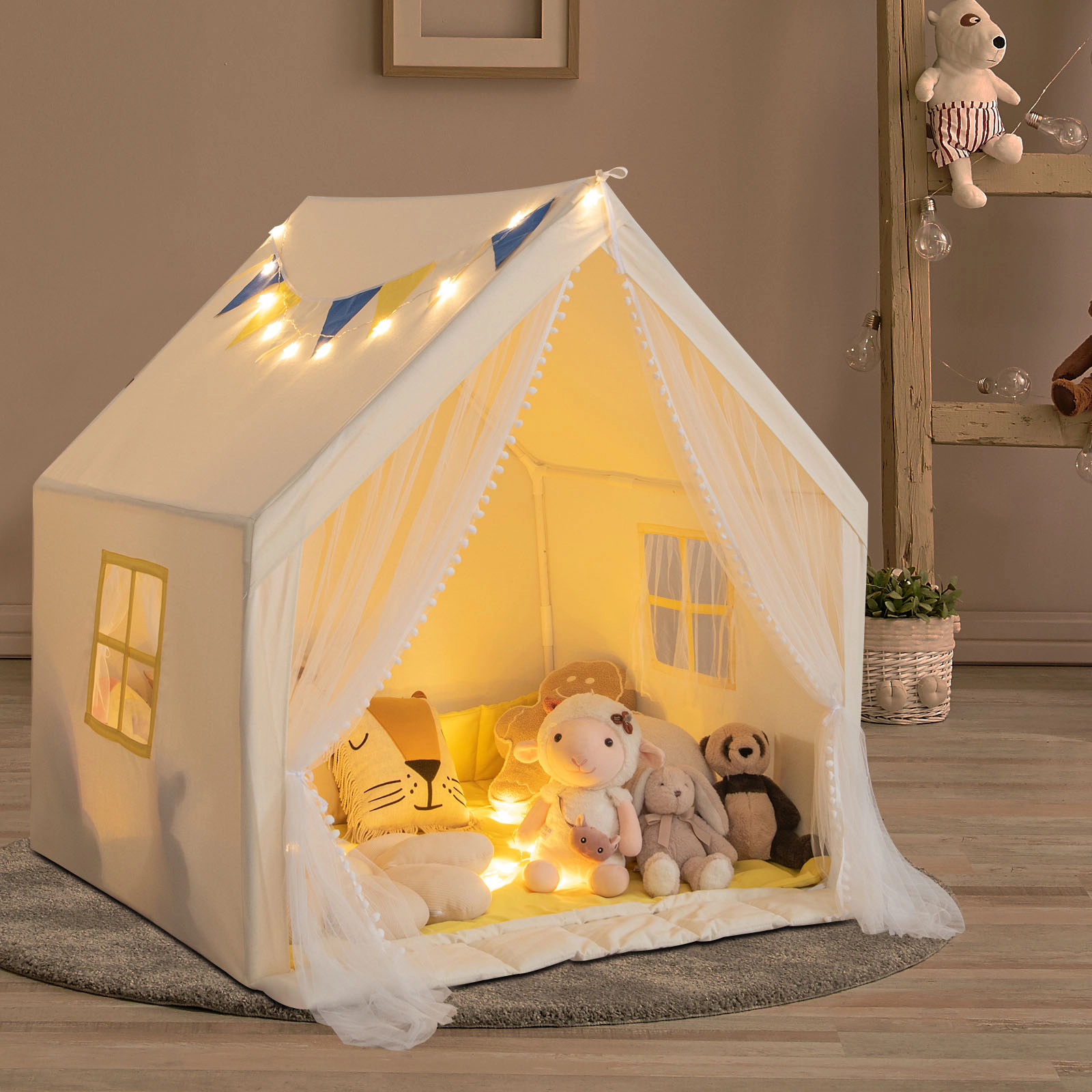 SUGIFT Large Kids Play Tent with Washable Padded Mat 50-in Tall Holiday Birthday Gift for Kids Beige