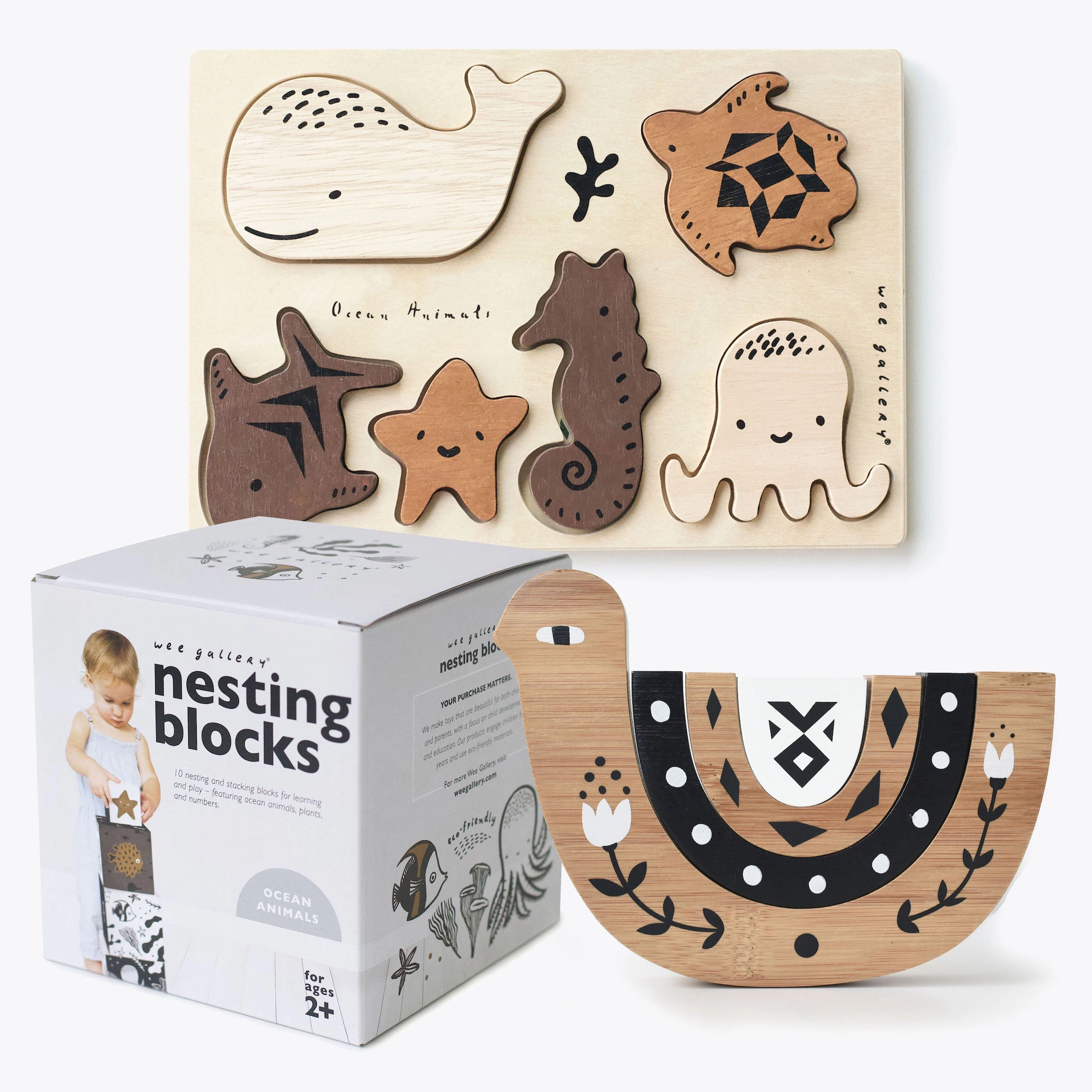 Wee Gallery Ocean Builder Bundle - Ocean Animals Tray Puzzle, Numbered Nesting Blocks, Bamboo Nesting Bird