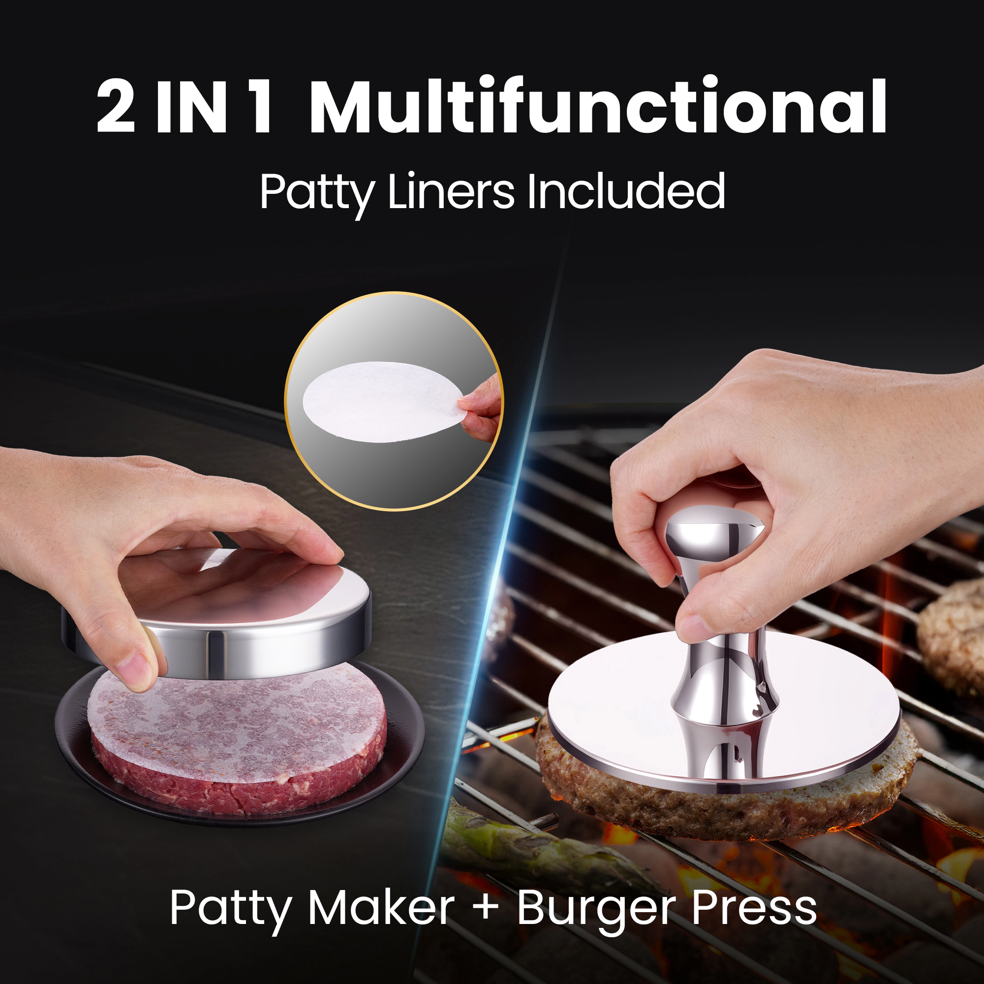 Gourmet Easy 2-IN-1 Smash Burger Press & Patty Maker, Stainless Steel Hamburger Helper, Bonus Patty Liner