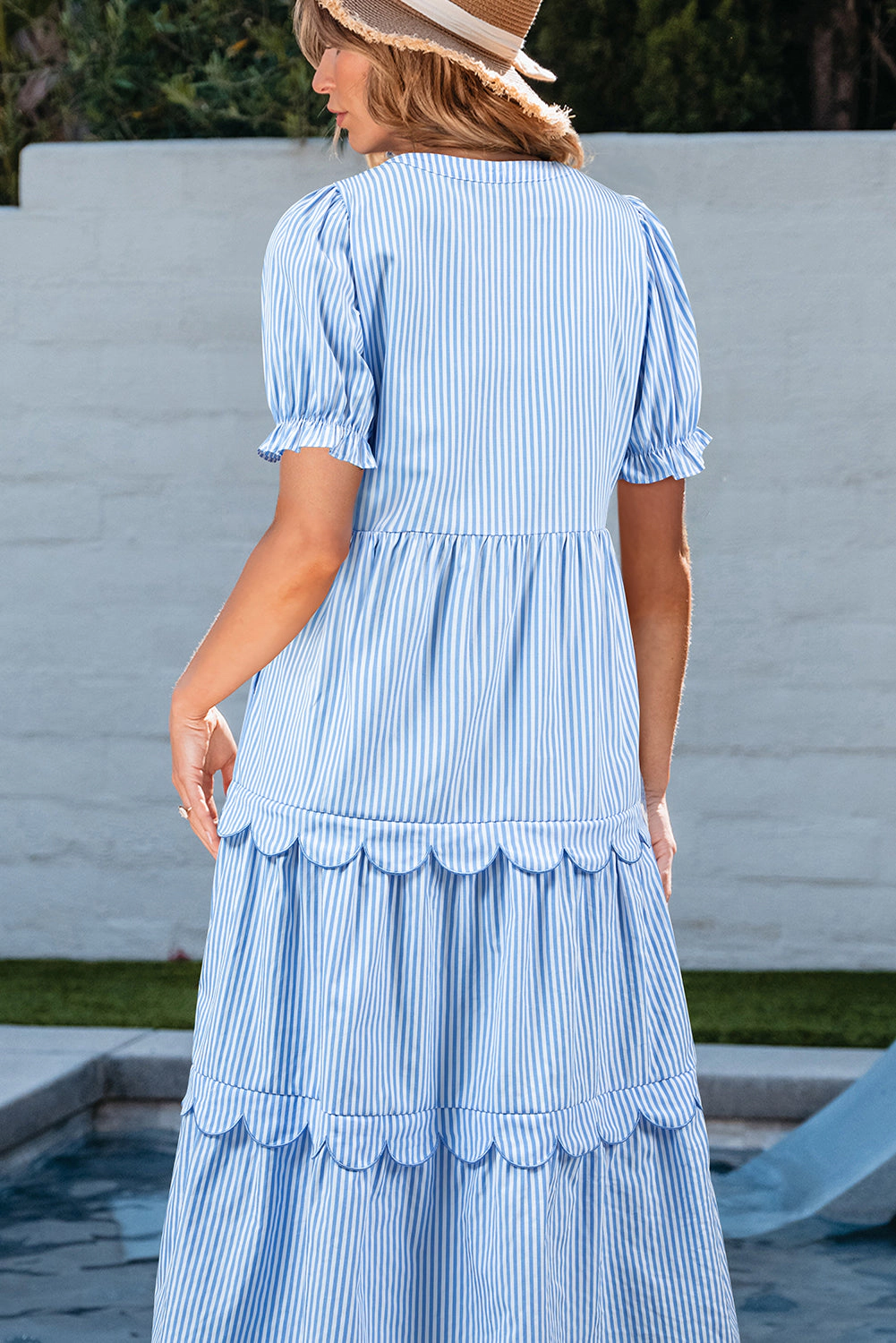 Threaded Pear Women's Noah Stripe Tiered Scallop Long Dress