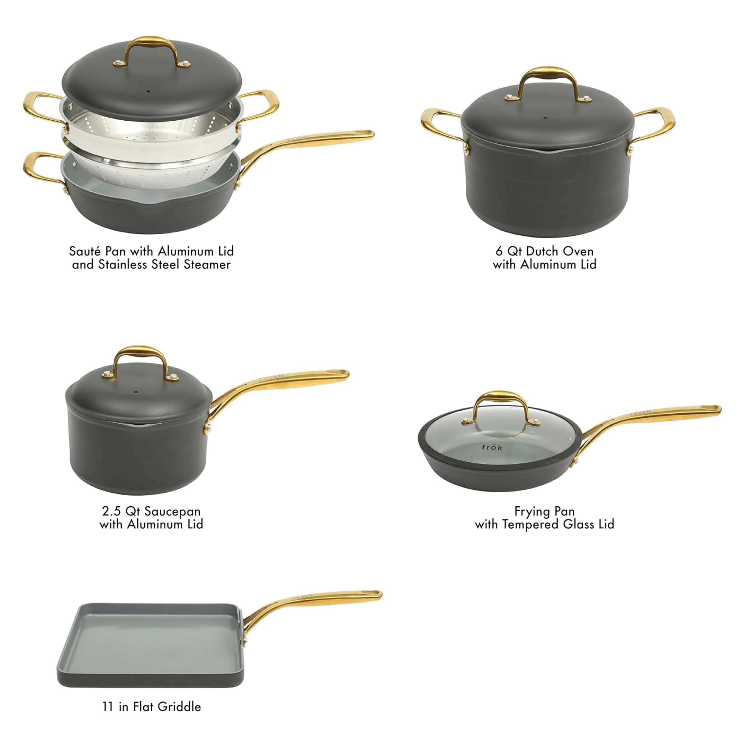Frok 10 Piece Cearmic Nonstick Aluminum Cookware Set in Black with Gold Handles