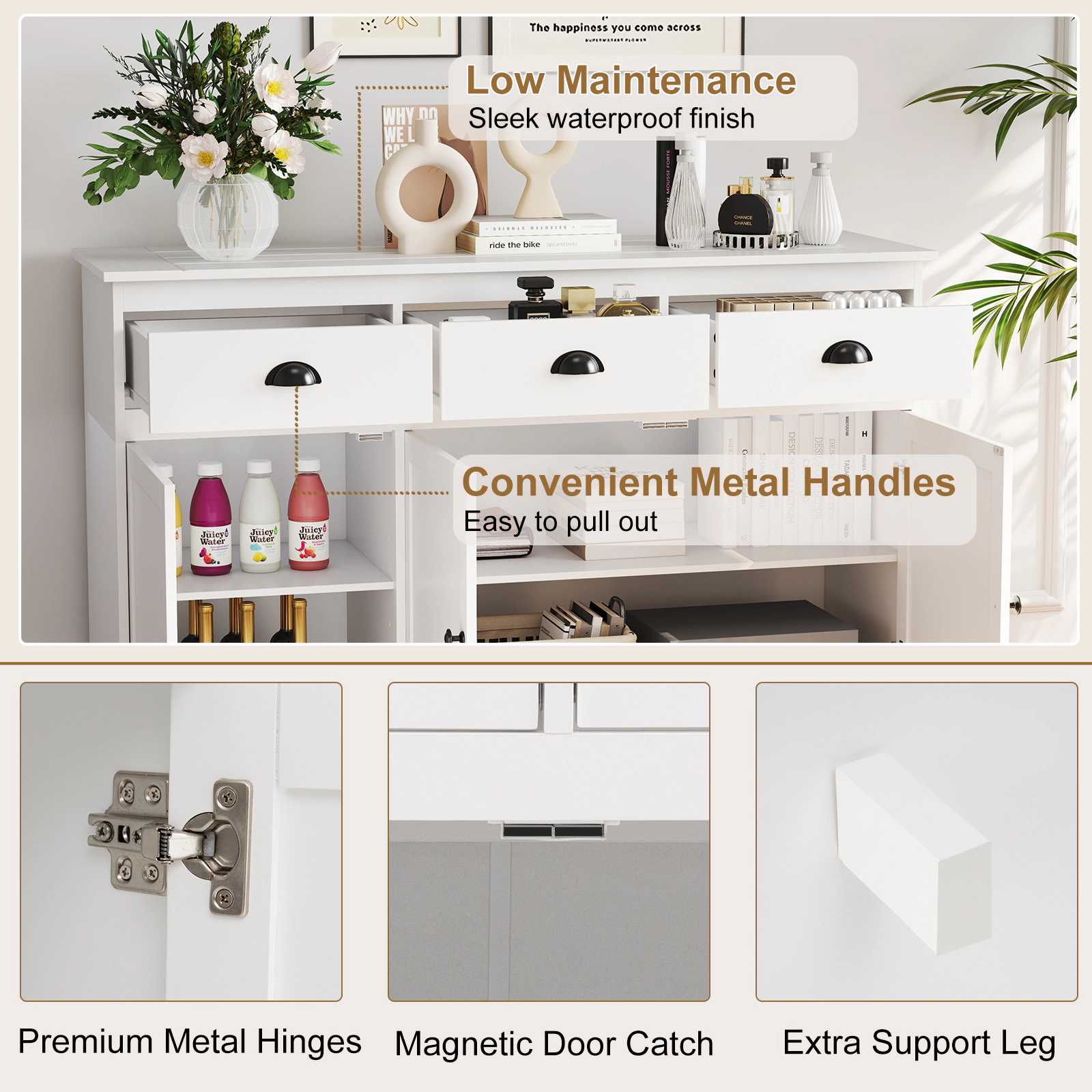 SUGIFT 3-Drawer Cup Pulls Adjustable Shelves Buffet Sideboard 53.5-in x 17-in x 34-in 22-lb per Shelf White
