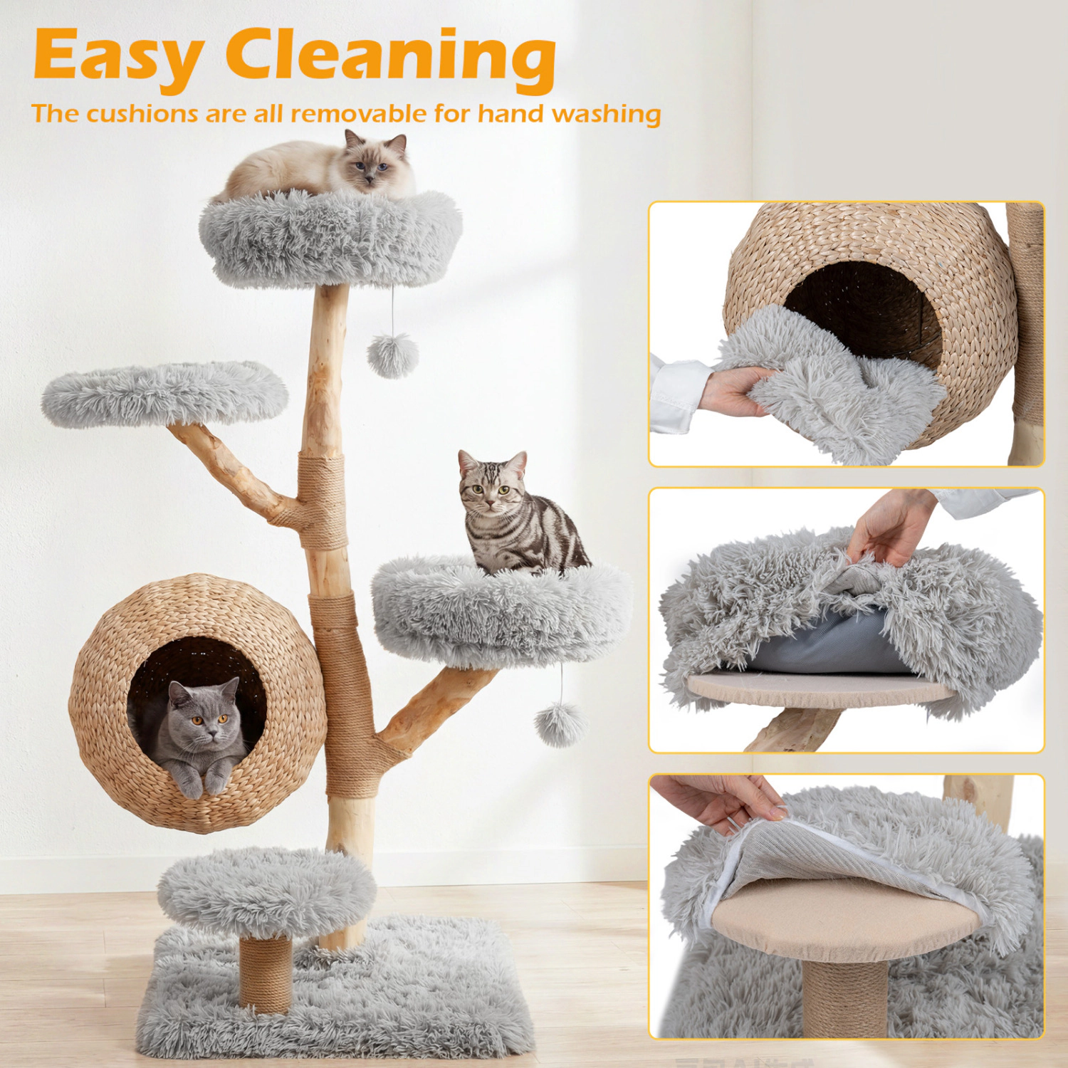 SUGIFT 52.7-in Gray 5-Tier Wooden Cat Tree Tower with Handwoven Condo and Jute Posts 23.2-in Square Base